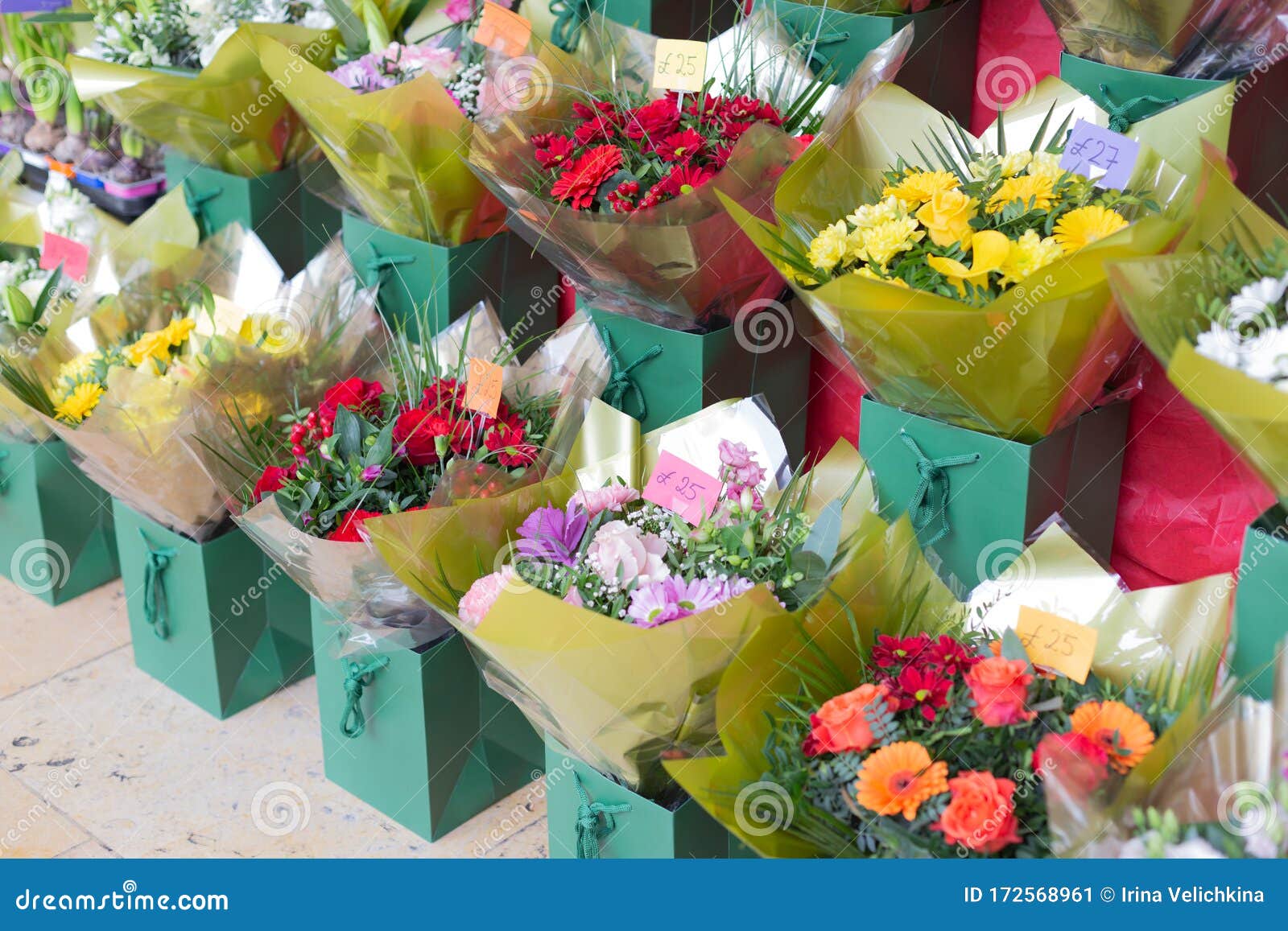 Street Sale of Flower Bouquets Near Metro Station.Roses,tulips ...