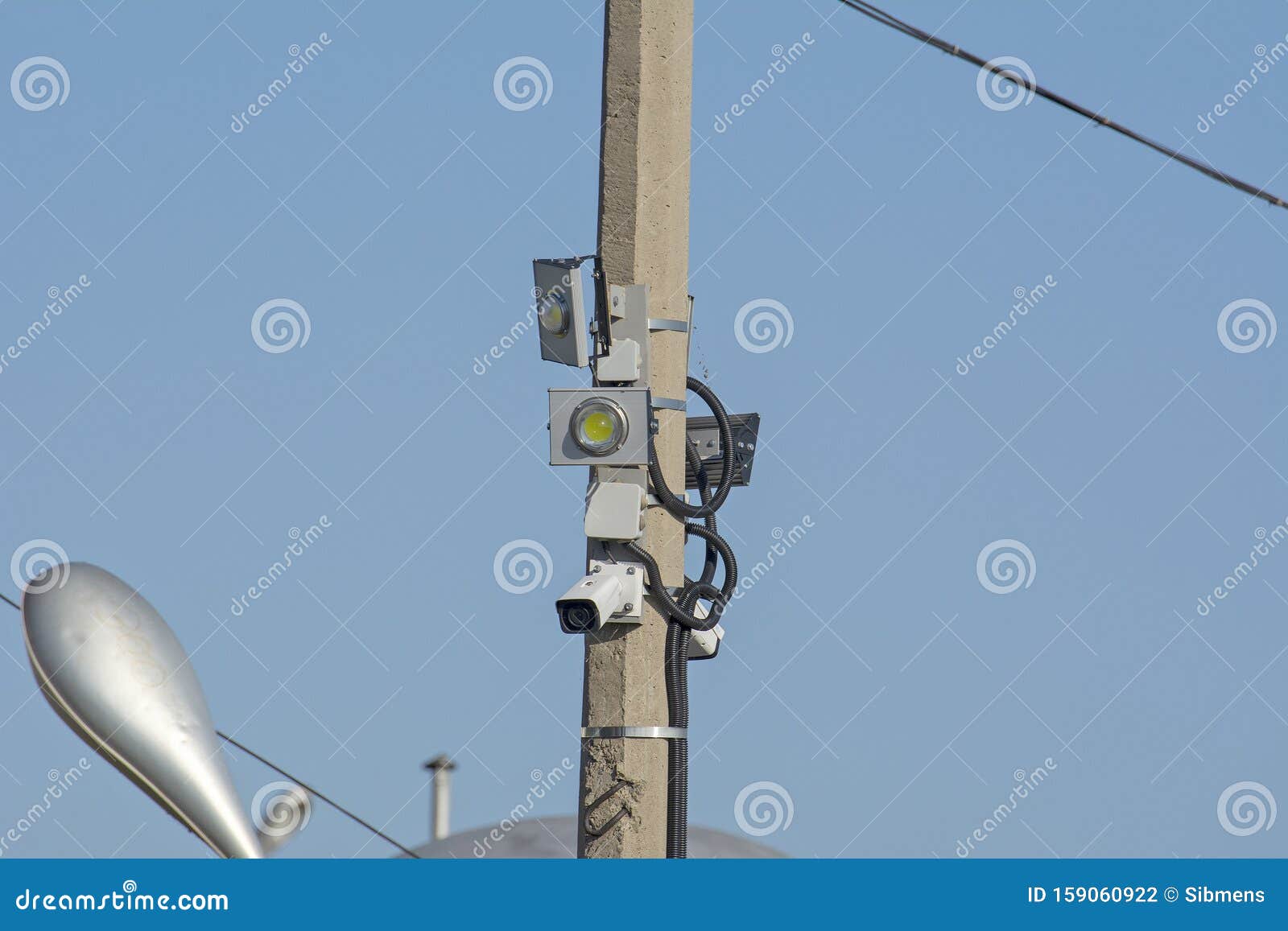 Street Surveillance Camera Mounted on a Pole with LED Spotlights Stock Photo Image of lamp