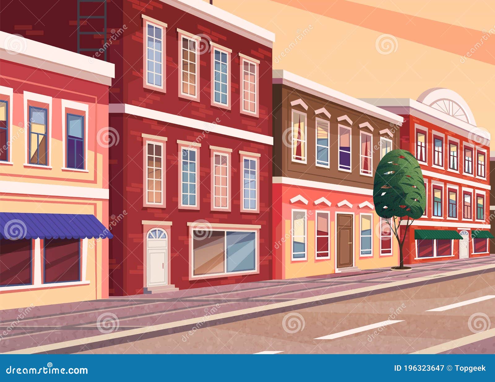 Street of Town Cartoon Illustration of the Historic City Area. Cityscape  with Vintage Brick Building Stock Vector - Illustration of america, area:  196323647