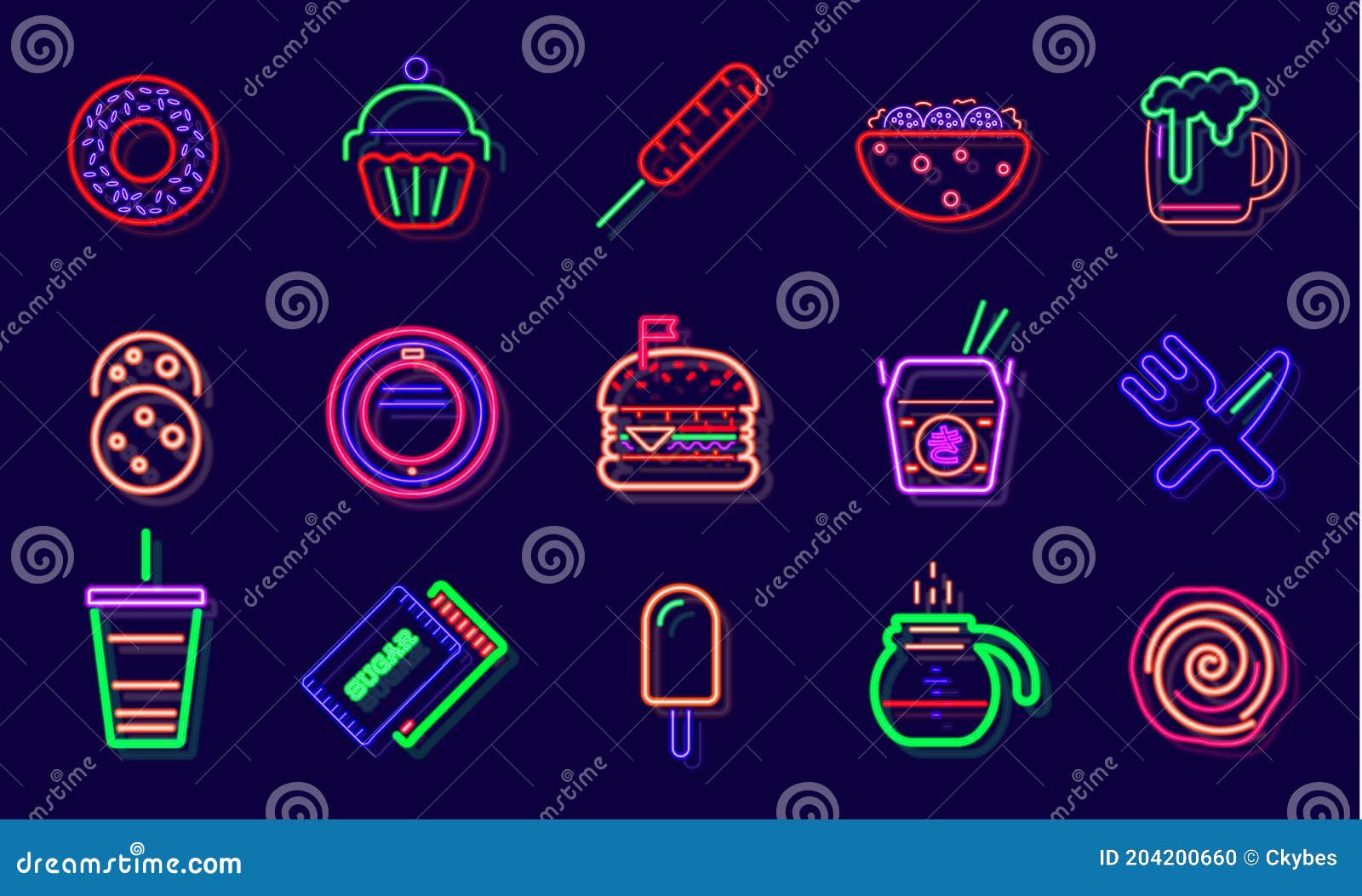 streetfood fast food drink neon sign. fastfood restaurant, burger cafe or pizzeria . glowing light signboard. 