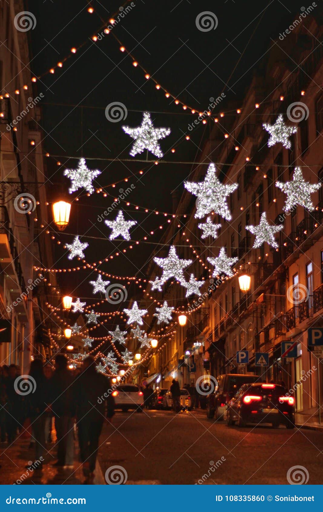 streets, buildings and squares illuminated at christmas in lisbon