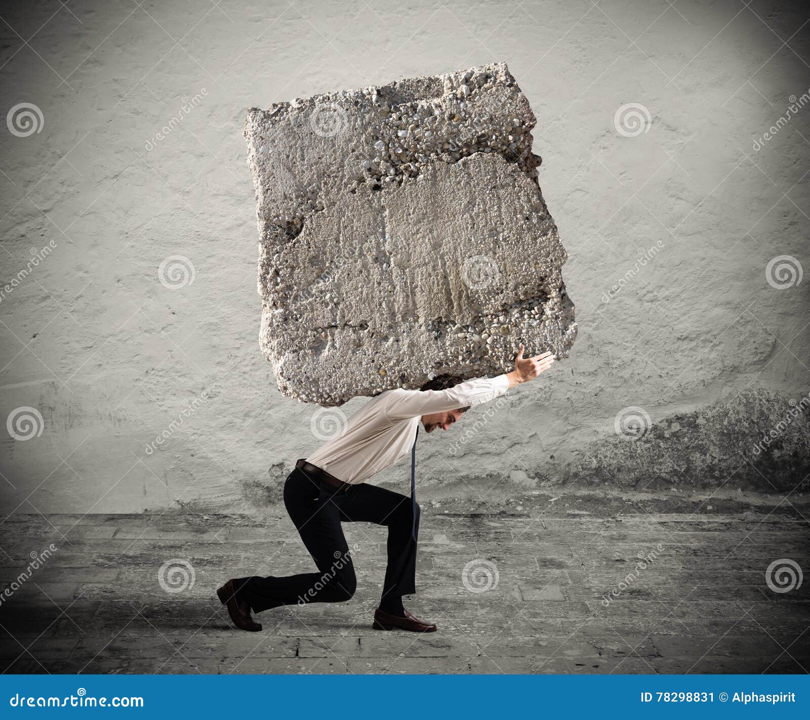 Stress of a businessman. Businessman walking with a heavy boulder on his back