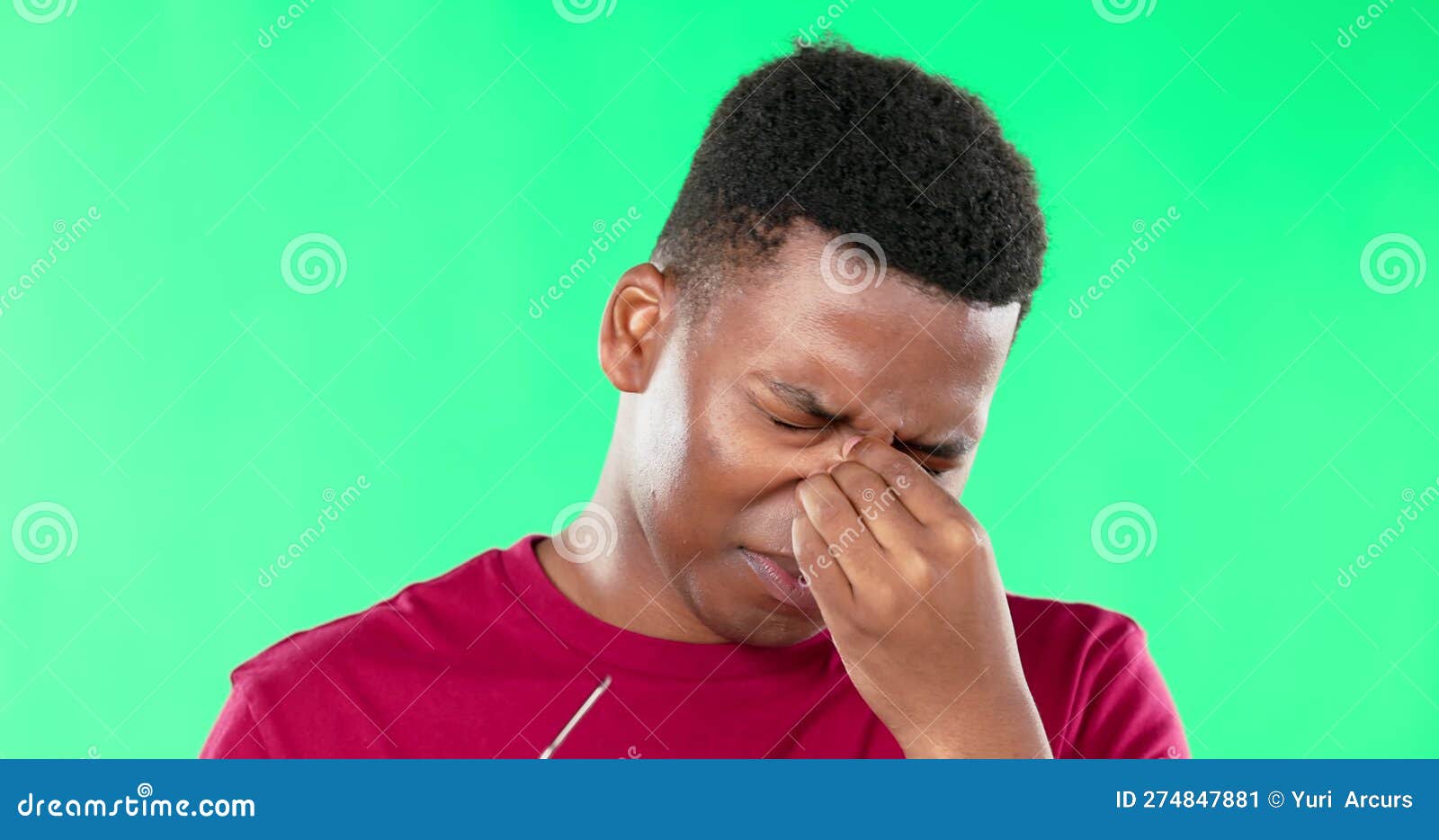 Stress, Headache and Black Man in Green Screen Studio with Blurred