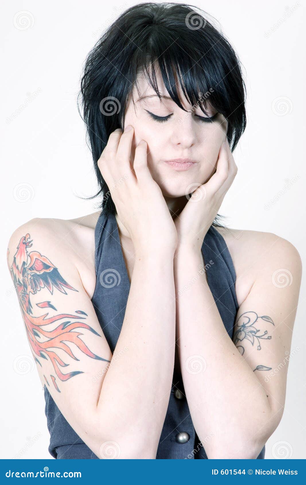 Hispanic man with tattoos standing over yellow background tired rubbing  nose and eyes feeling fatigue and headache. stress and frustration concept.  - Stock Image - Everypixel