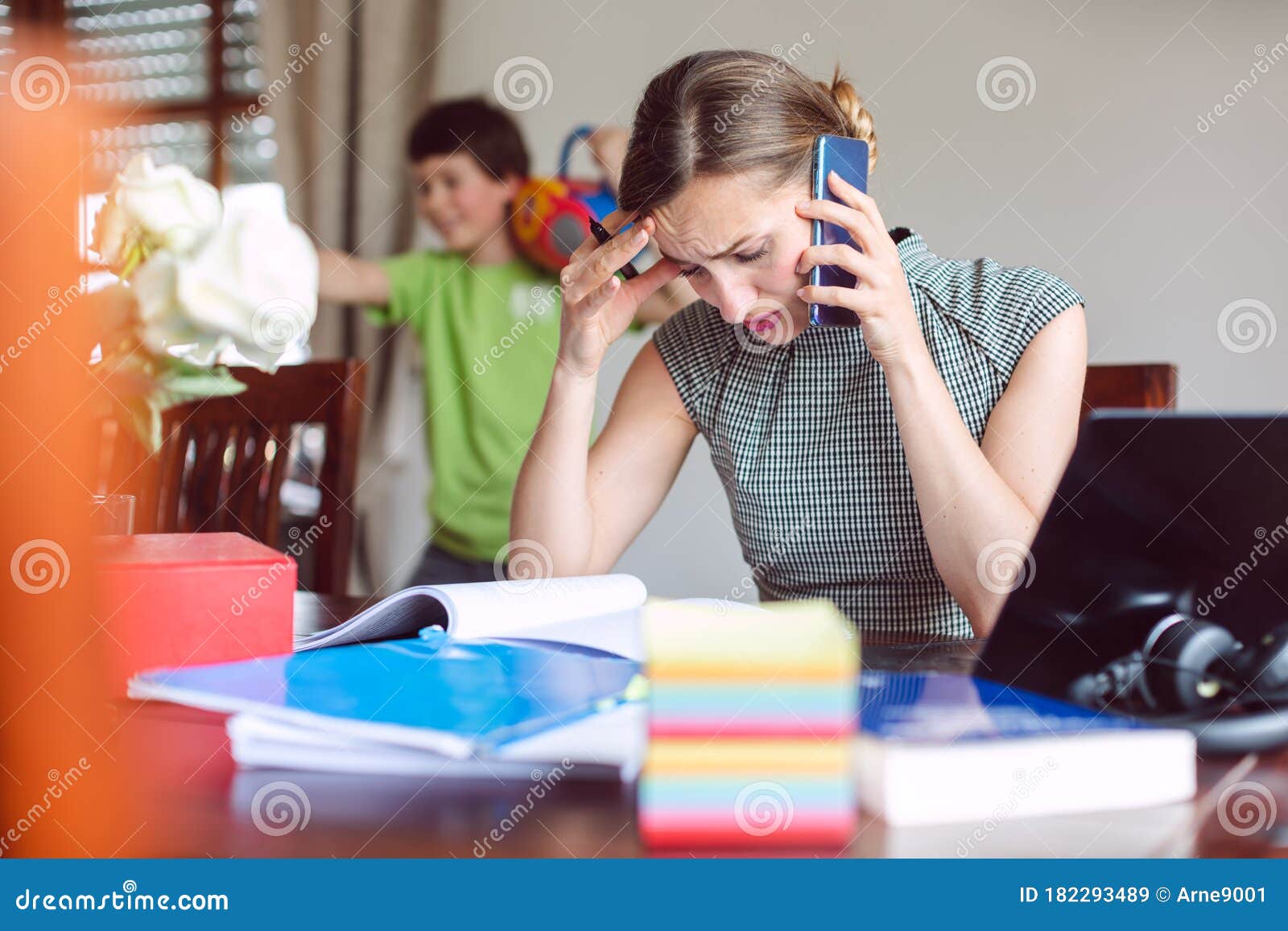 Stressed Businesswoman Forced To Work from Home during Lockdown Stock