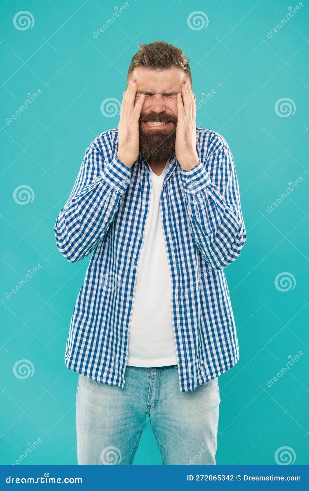 Stressed Caucasian Guy with Beard and Mustache Suffer from Headache on
