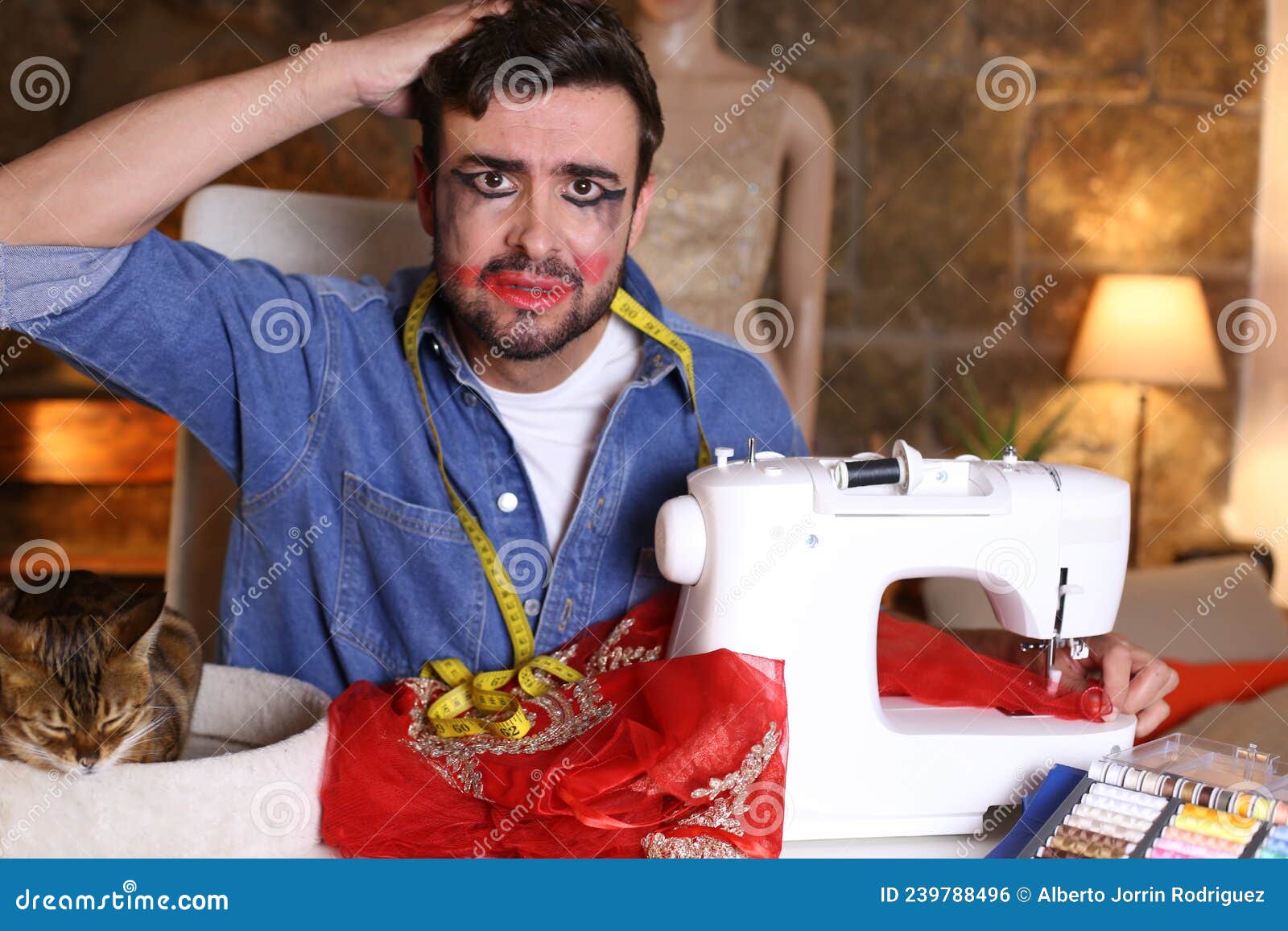 Stressed Out Drag Queen Using Sewing Machine Stock Photo Image of