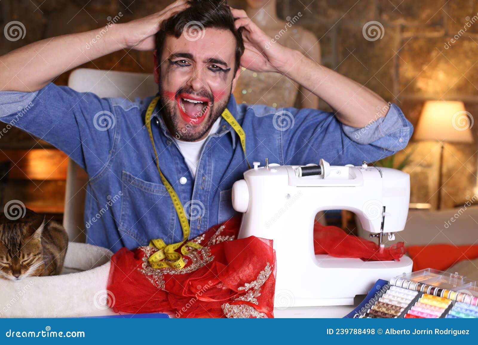 Stressed Out Drag Queen Using Sewing Machine Stock Photo Image of