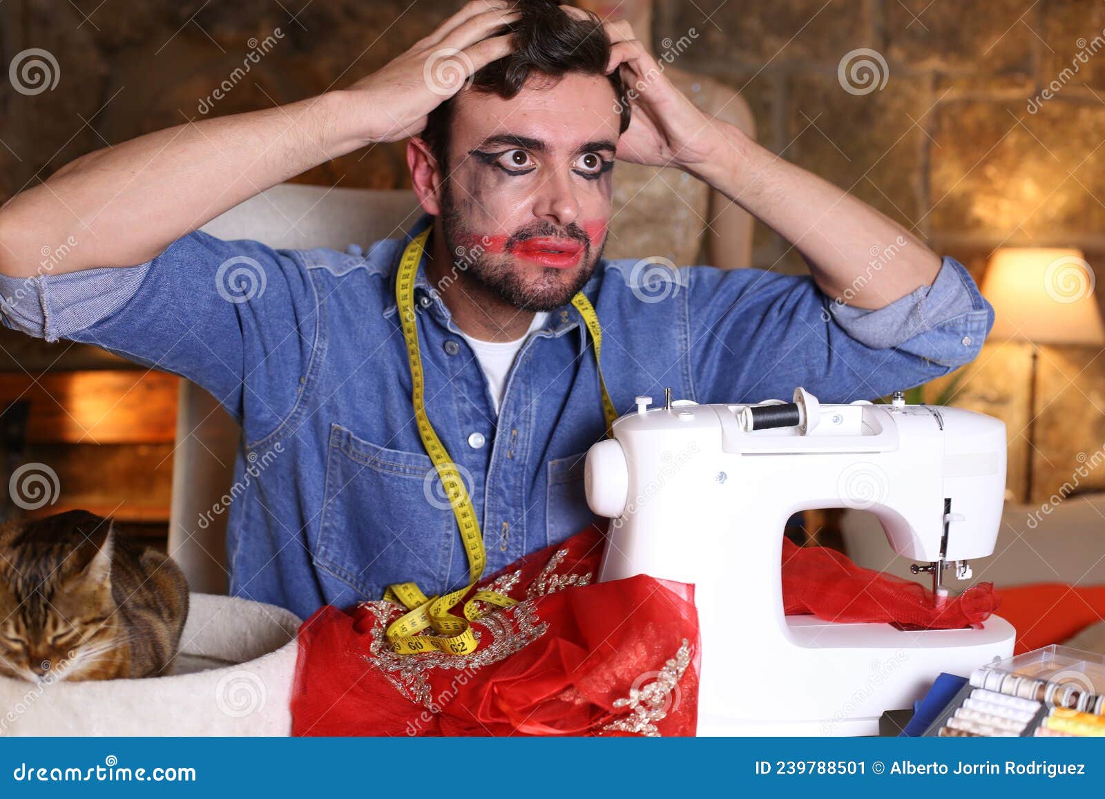 Stressed Out Drag Queen Using Sewing Machine Stock Image Image of