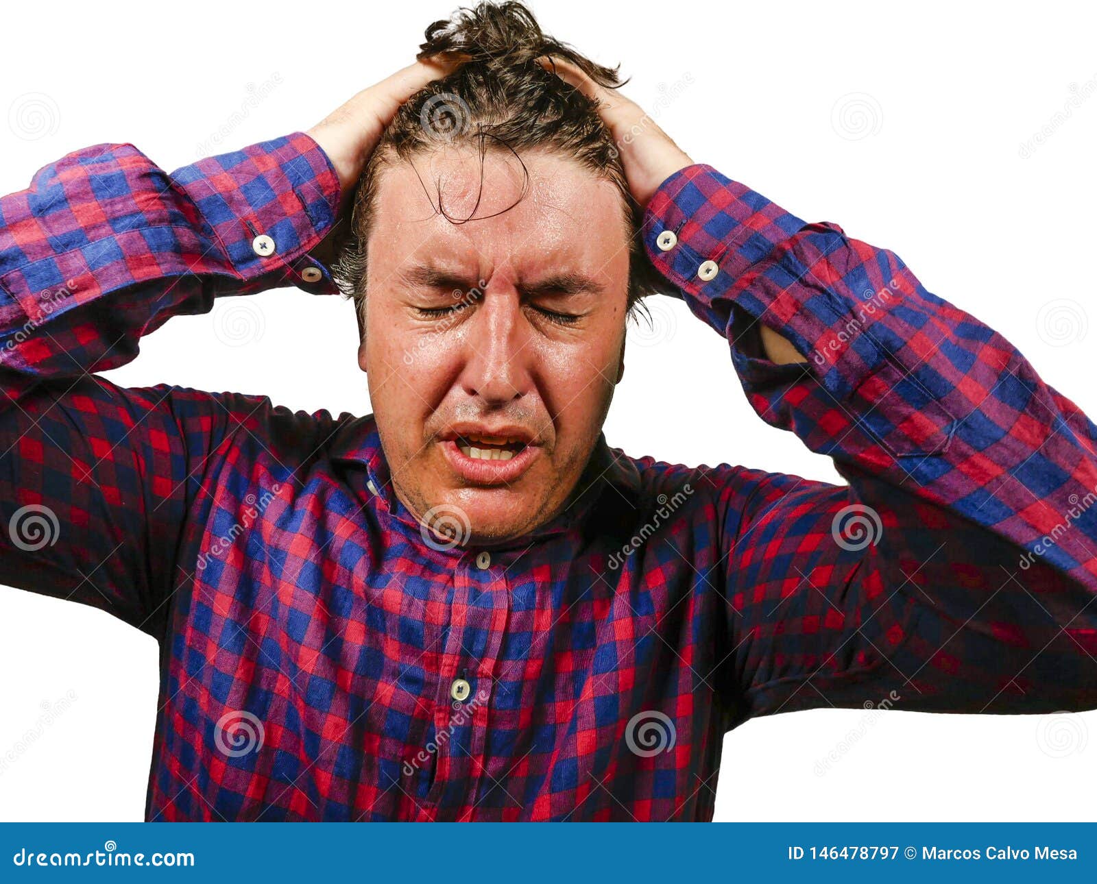 Stressed and Overwhelmed Man Screaming and Pulling Hair in Crazy Stress