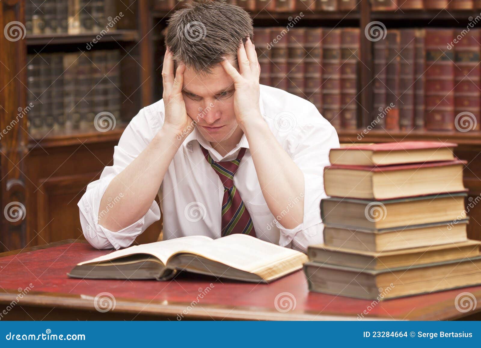 Stressed Student with a Pile of Books To Read Stock Photo - Image of  information, adult: 23284664