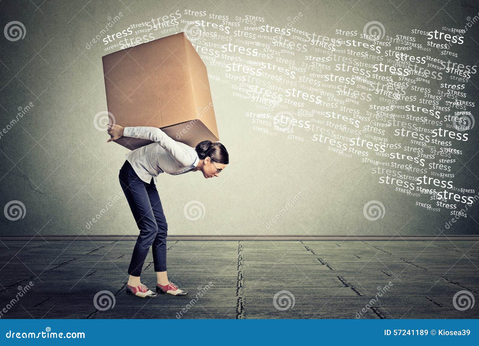 stressed woman carrying on her back large box