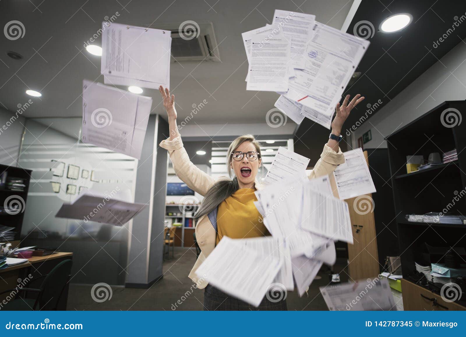 Stressed Woman Throws Papers in the Office Stock Image Image of break, businessperson 142787345