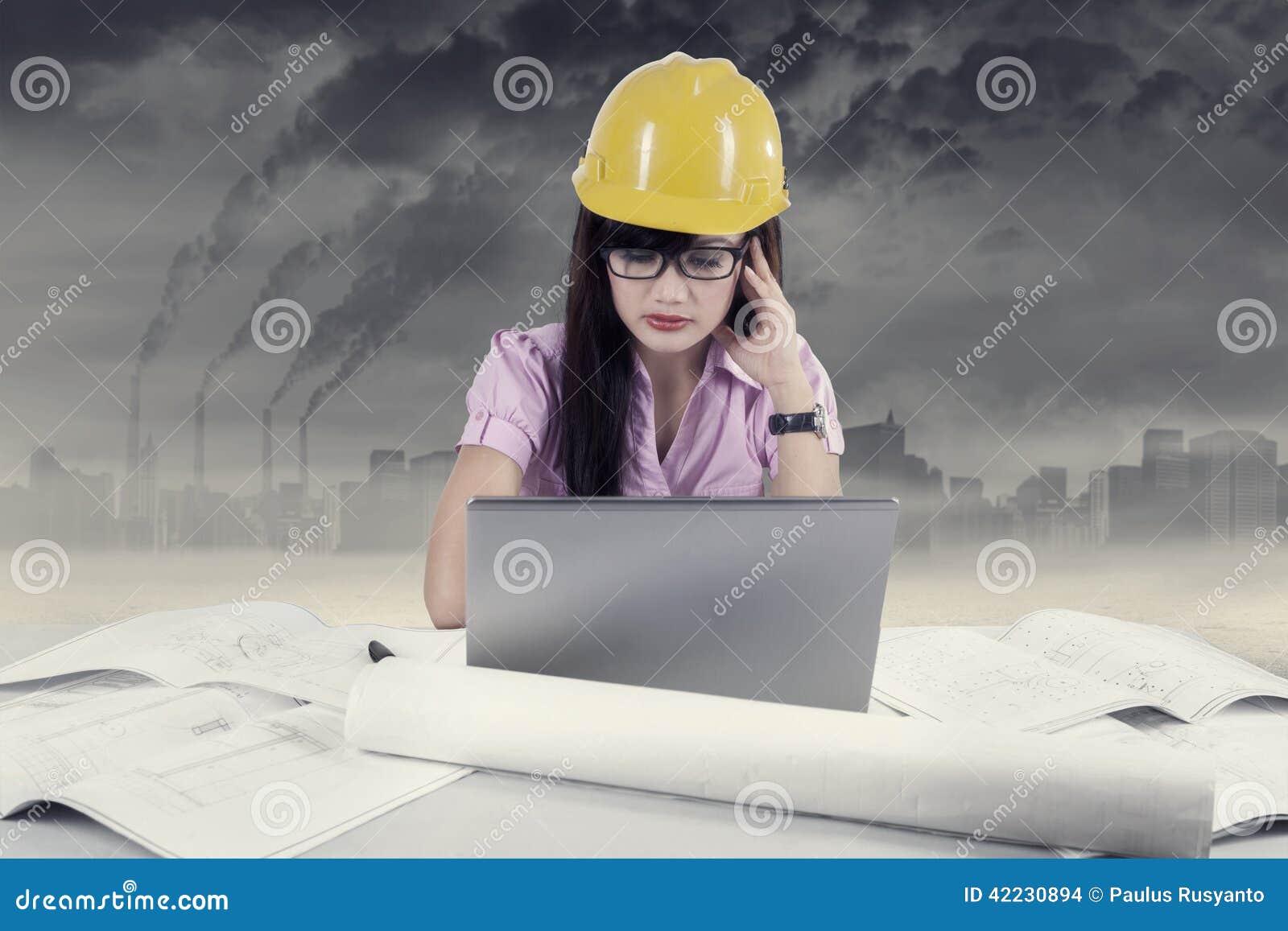 Stressful young architect stock photo. Image of hardhat 42230894