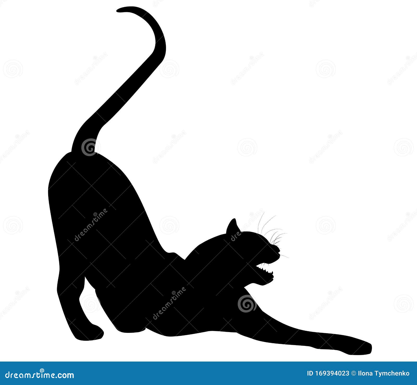 Stretching Cat Black Silhouette Icon on white, Vektor eps 10. Stretchkatzensilhouette mit langem Schwanz isoliert auf weißem Grund Kitty elegante dunkle Schattenkontur-Icon, Vektor-Design 10