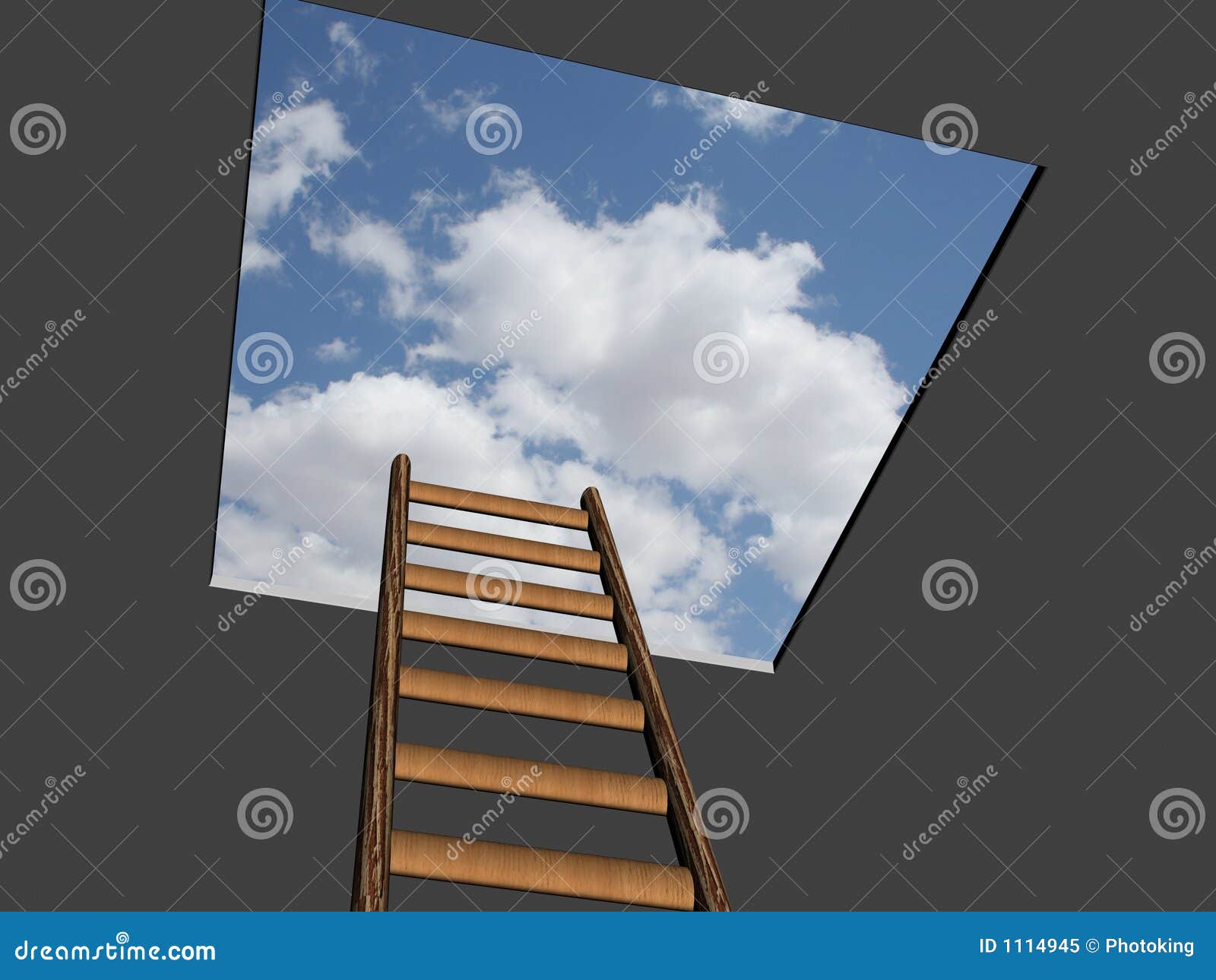 Eine Aluminiumextensionsstrichleiter ist in den blauen Himmel mit weißen flaumigen Wolken entfaltet. Symbolisierung Strichleiter zum Erfolg, die skys die Begrenzung, die Unternehmensstrichleiter, Steckfassung und die Bohnenablage und mehr steigend.