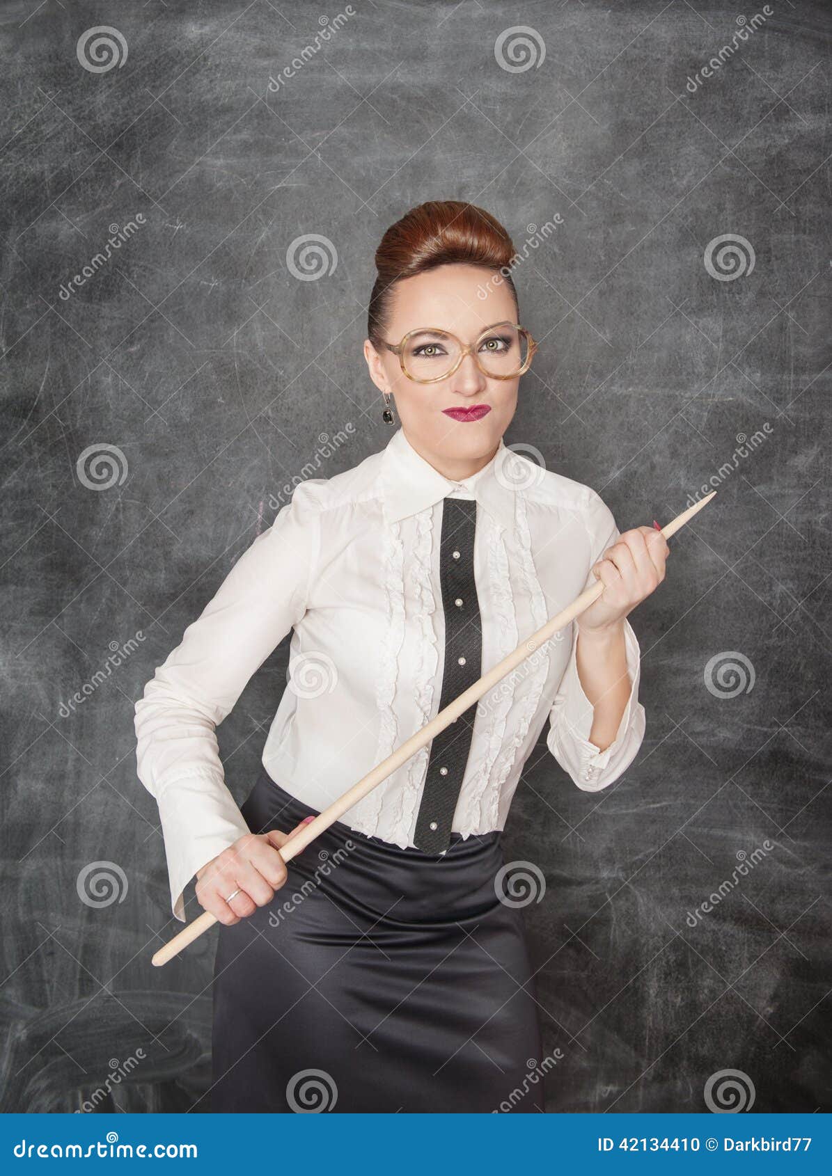 strict teacher wooden pointer looking someone 42134410