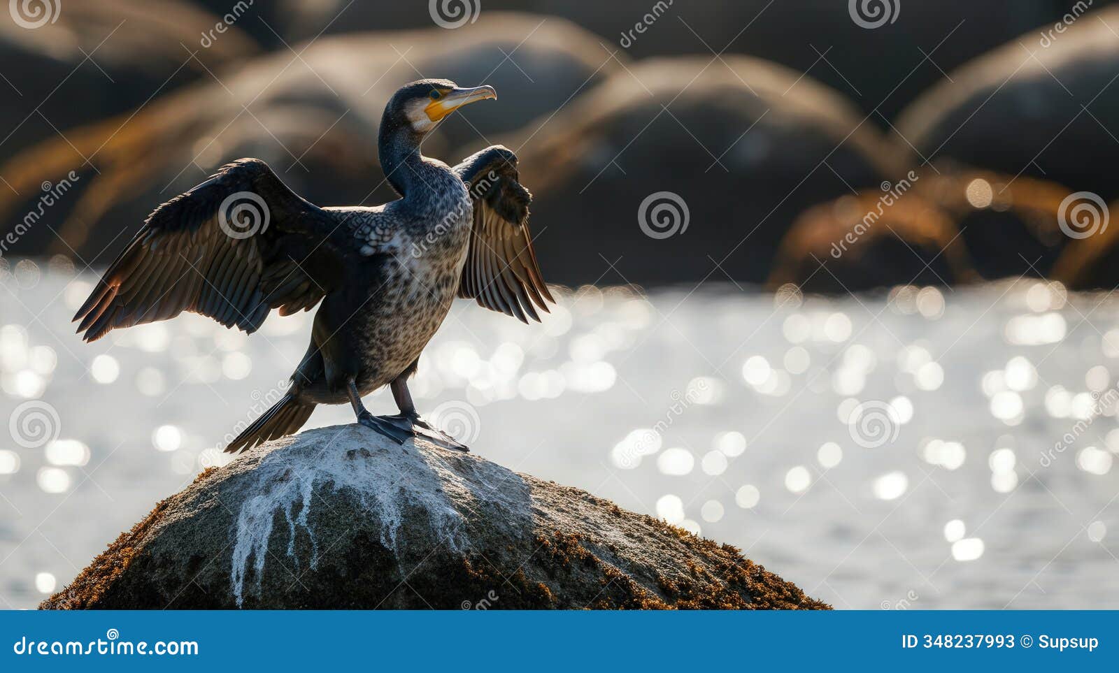 coastal cormorant spreads wings on sunlit rock by the sea