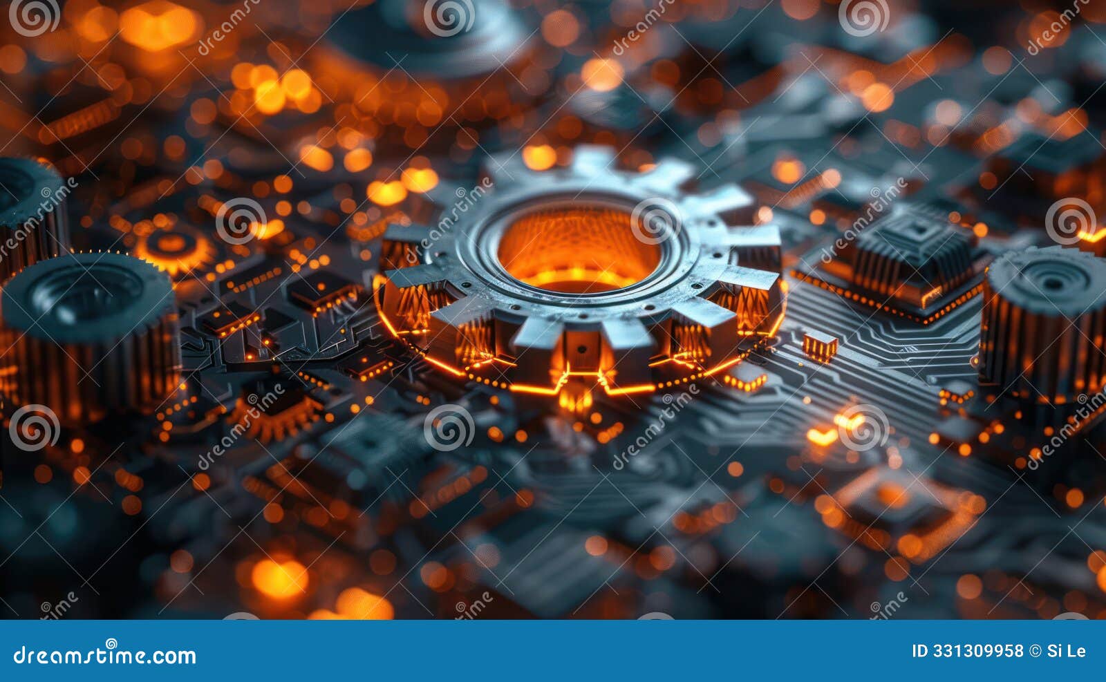 digital circuit board with paper gear for futuristic tech concept