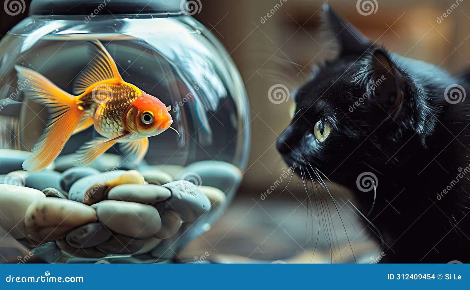 perilous encounter: goldfish threatened by stealthy black cat