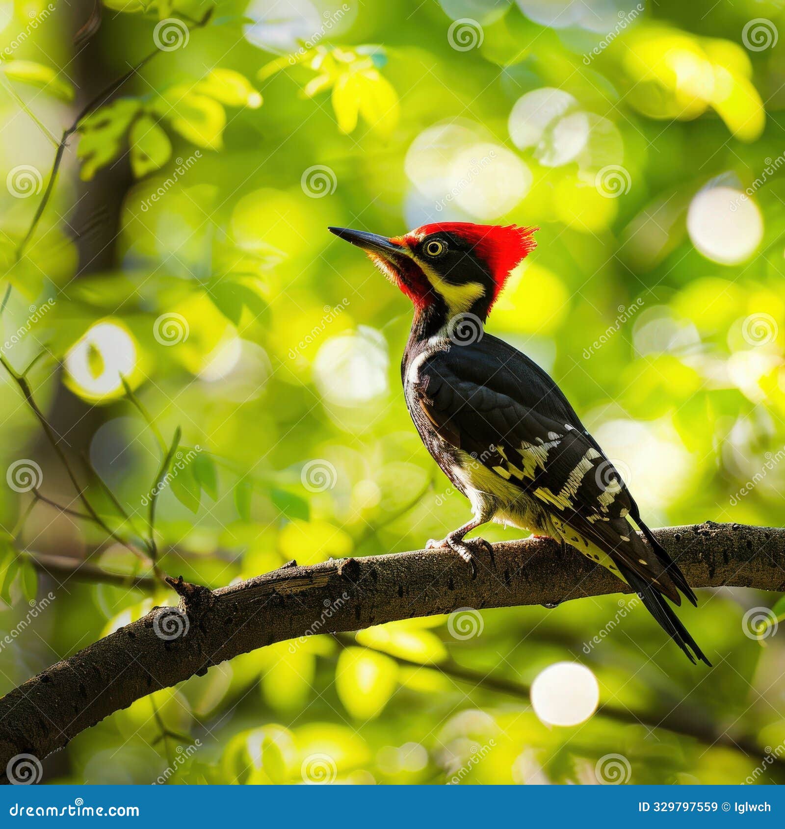 woodpecker perched on a sunlit branch