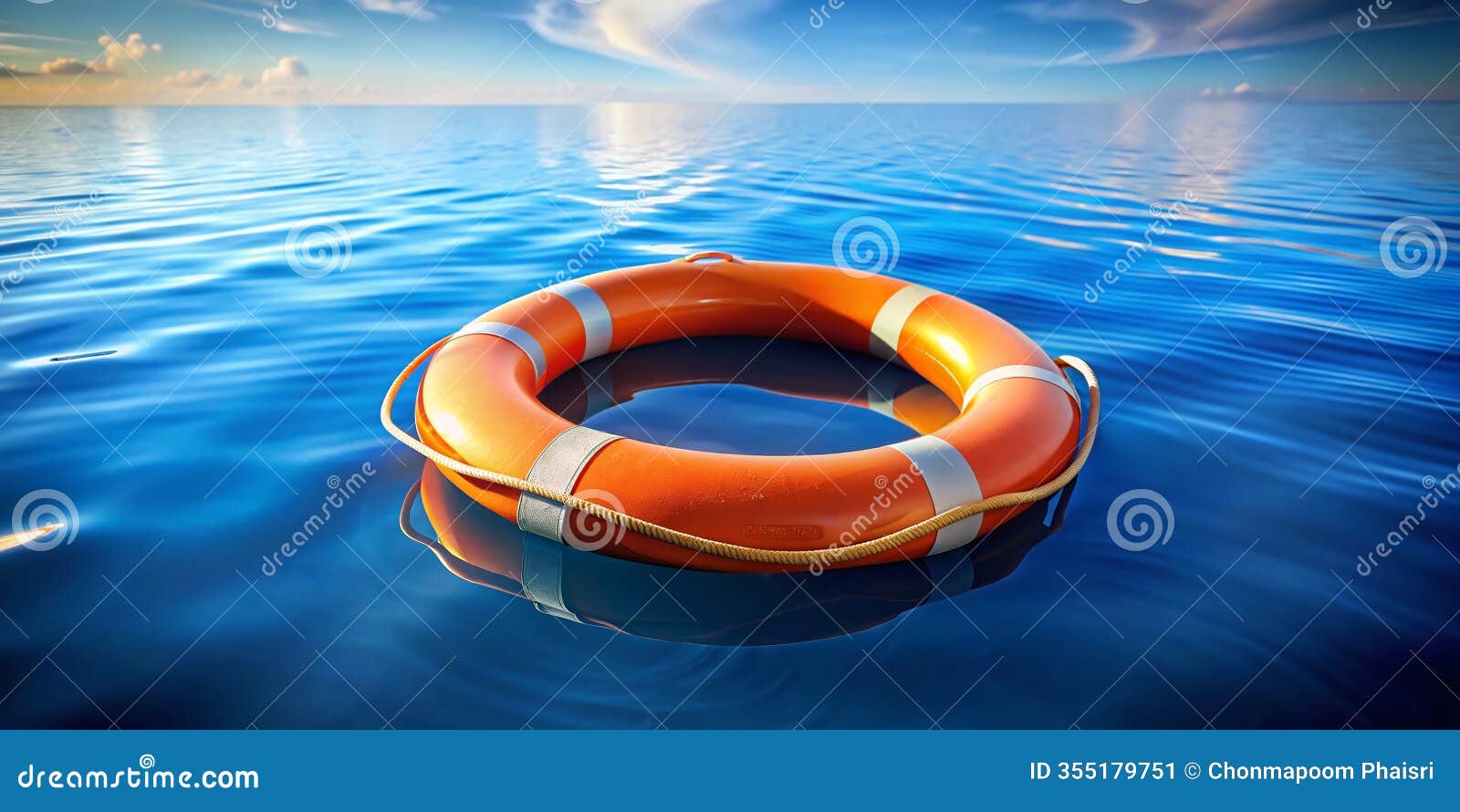 a striking orange life preserver floats tranquilly on a mirrorlike blue water surface a surreal and peaceful visual