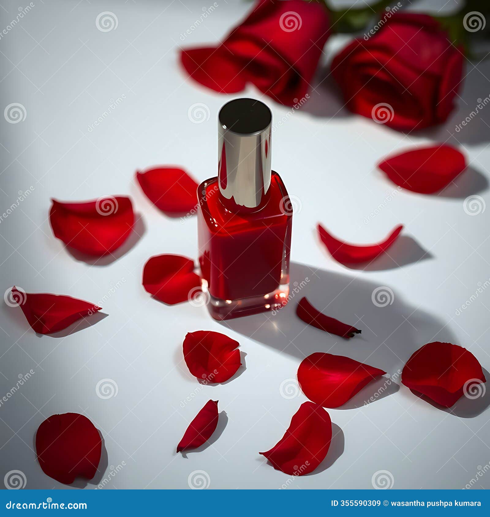 elegant red rose with nail polish and petals