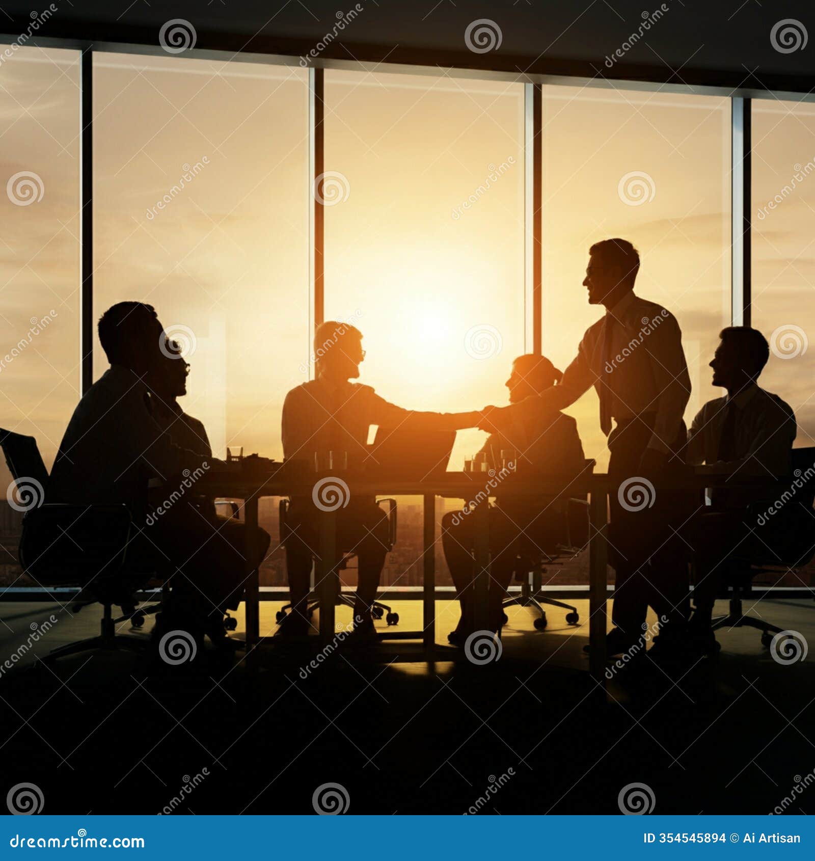 ai-generated image of silhouettes shaking hands in office meeting