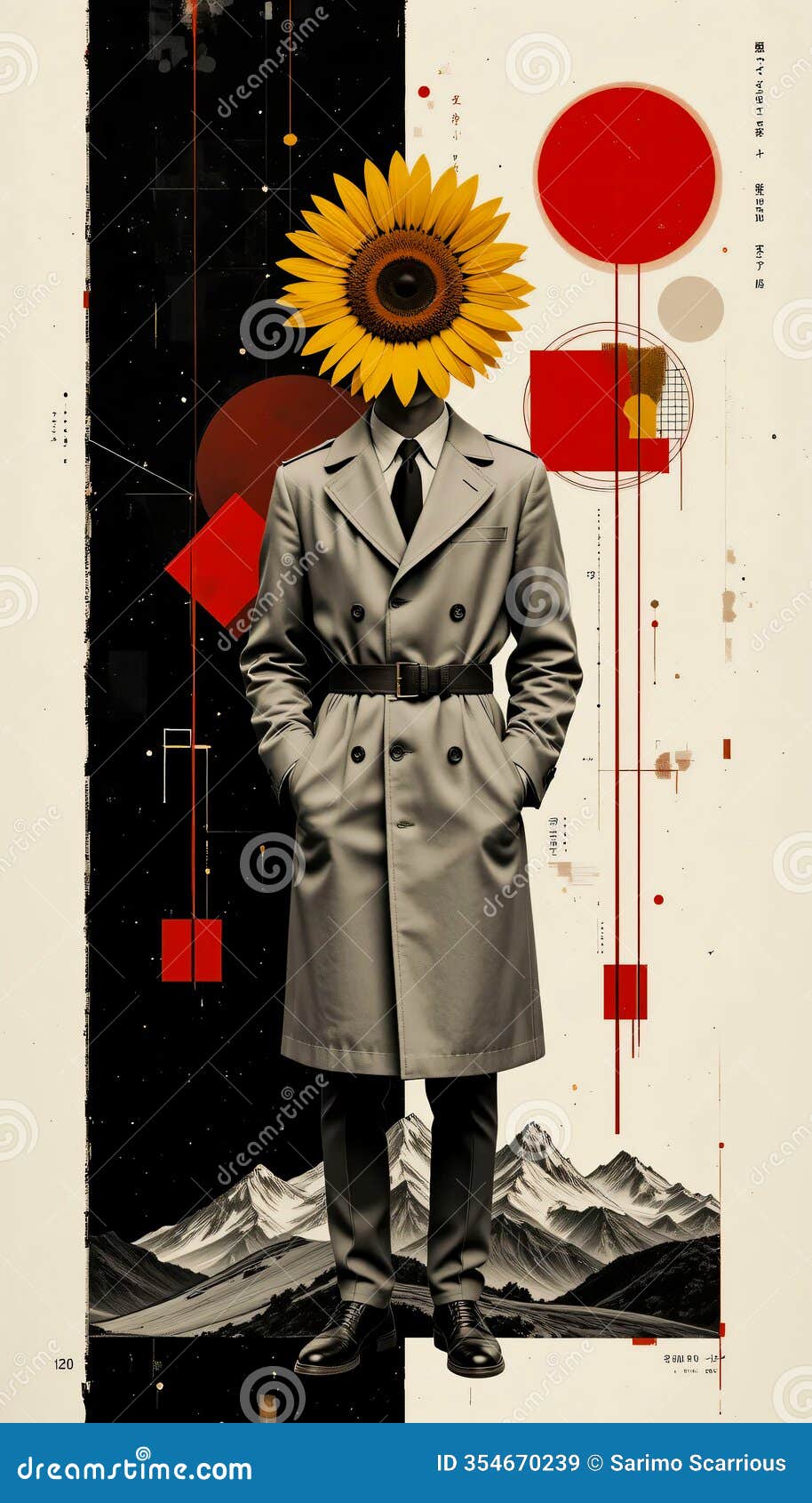 surreal figure with sunflower head in dramatic landscape
