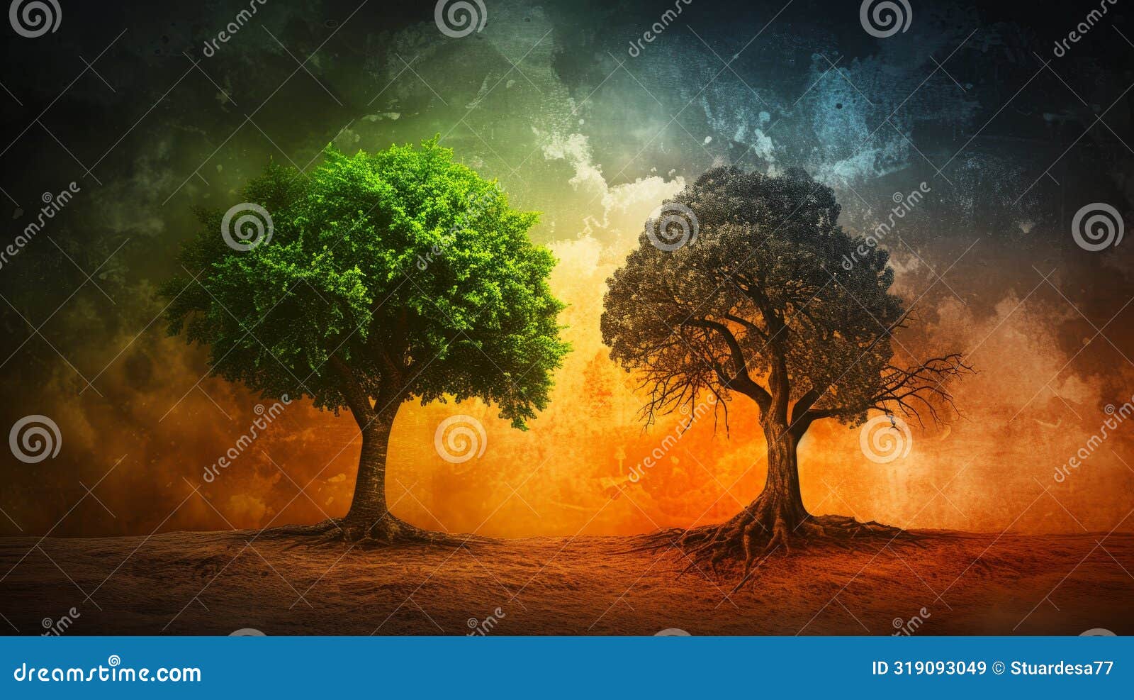 two trees in colorful abstract background