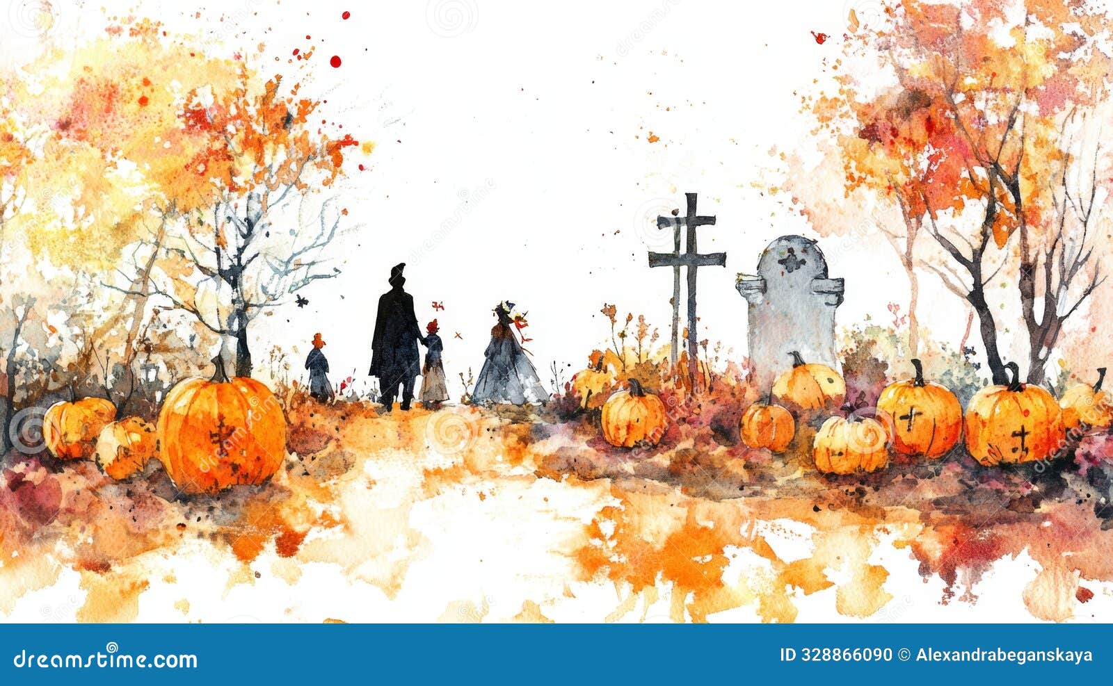 watercolor painting of skull with cross and candles. all saints day