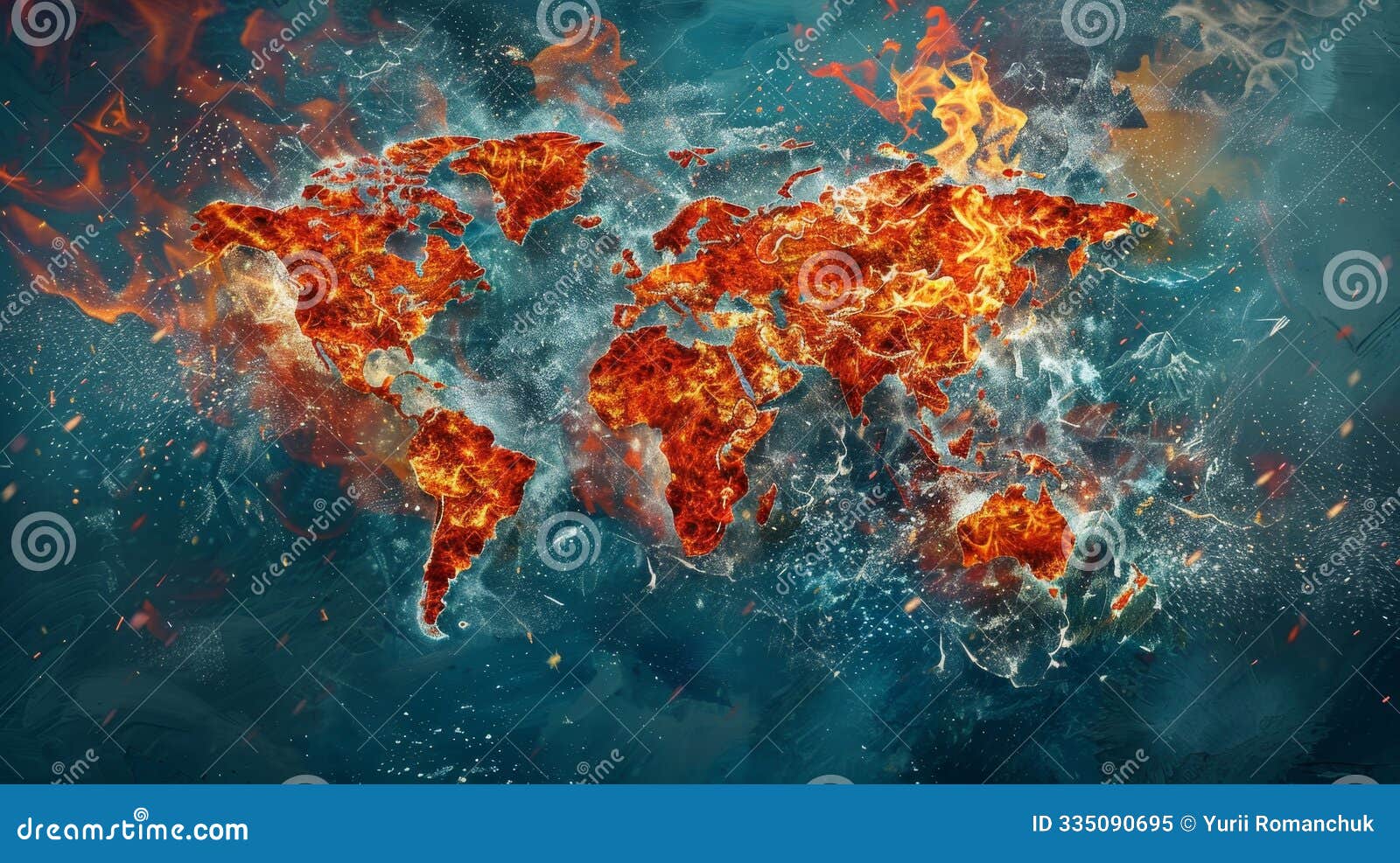 a striking world map of flames and frost illustrating global climate extremes and diversity
