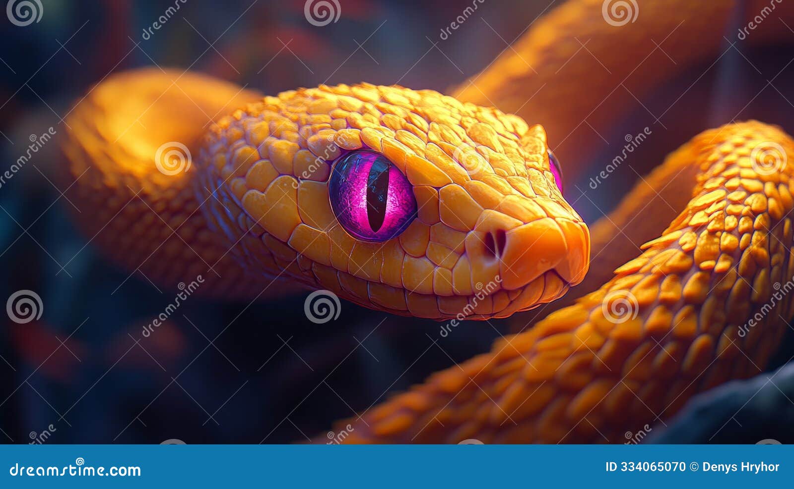 the striking yellow snake with mesmerizing pink eyes navigates its surroundings, bringing a sense of vibrant life to the