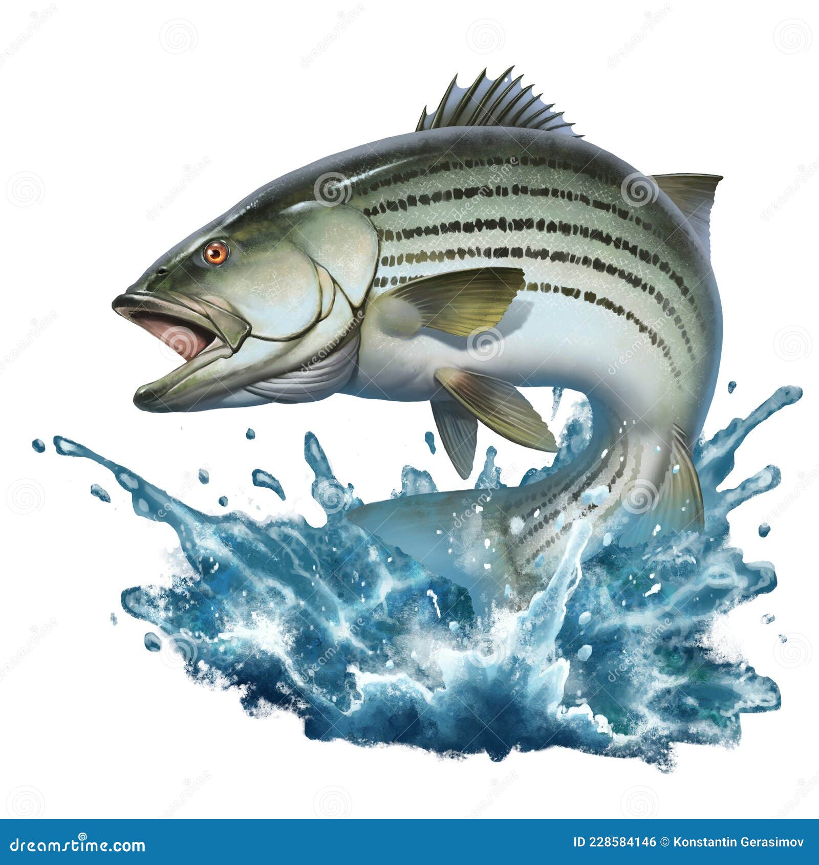striped bass jumping out of the water  isolate realism. striped perch on the background of splashing water.