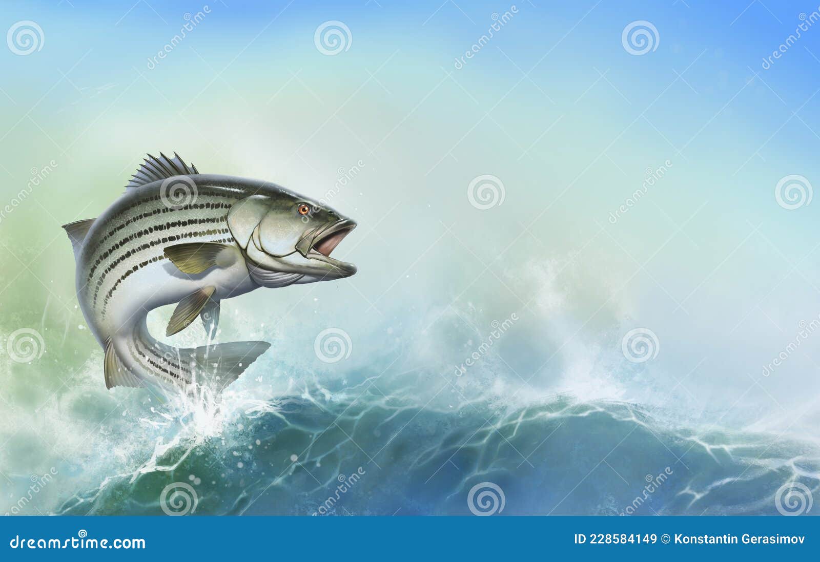 striped bass jumping out of the water  isolate realism. striped perch on the background of splashing water.