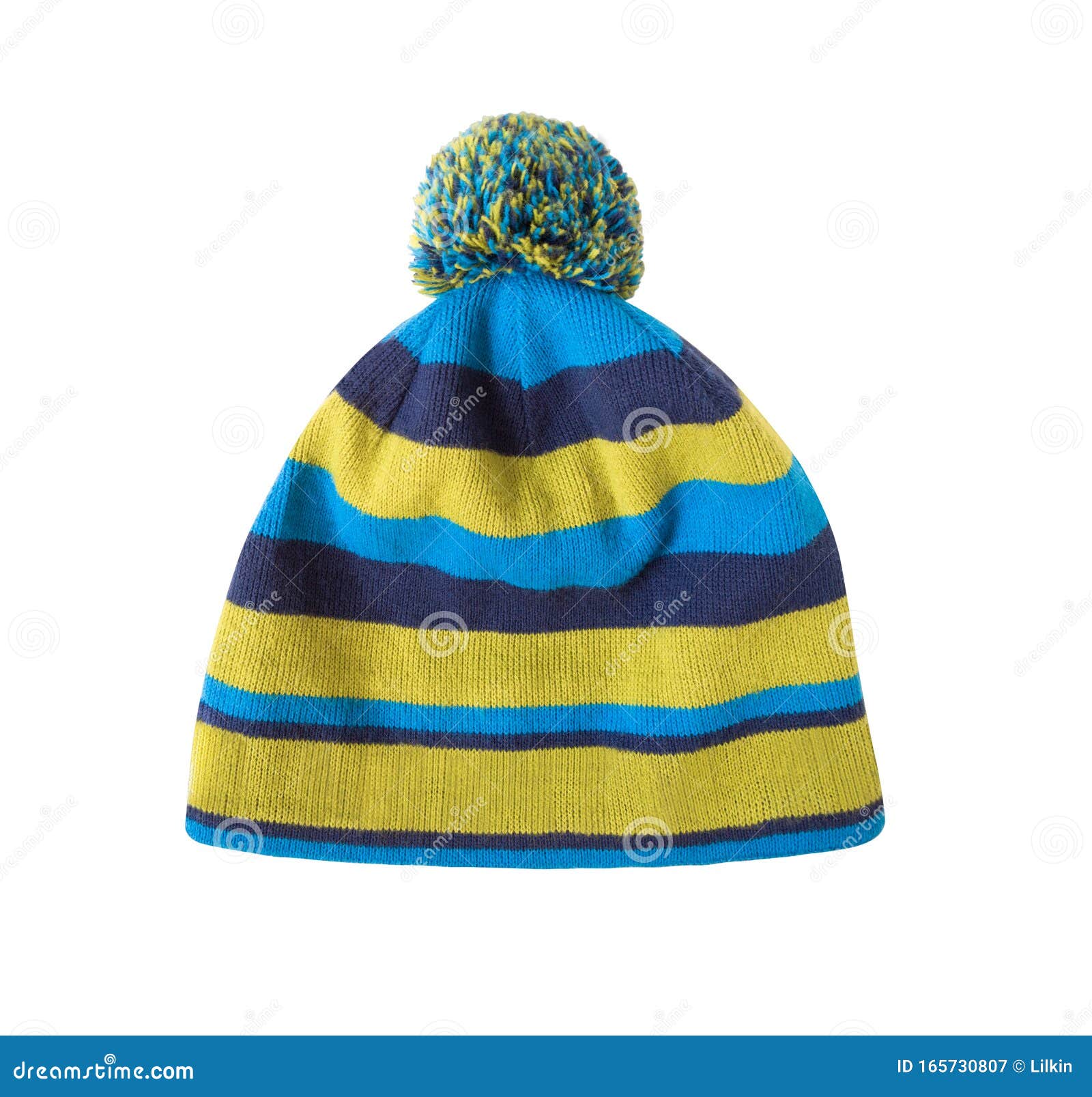 Striped Blue And Yellow Knit Cap With Pom-pom Stock Image - Image of ...