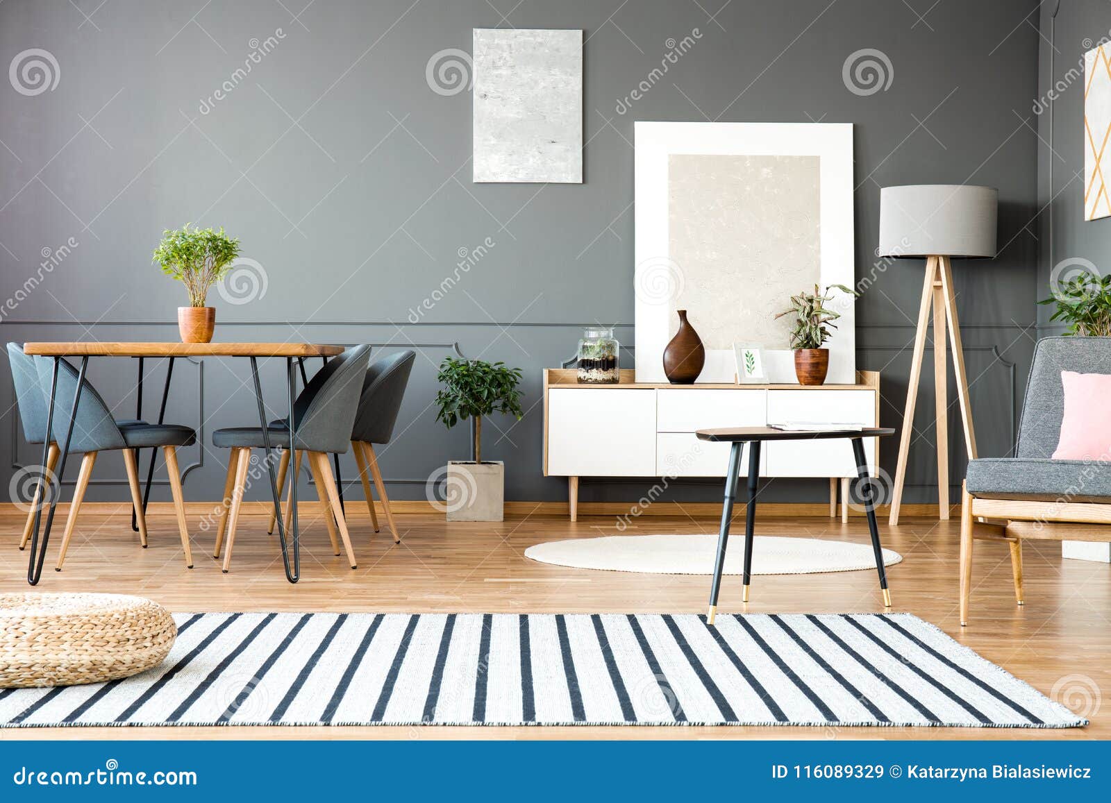 Grey open space interior stock image. Image of round 116089329