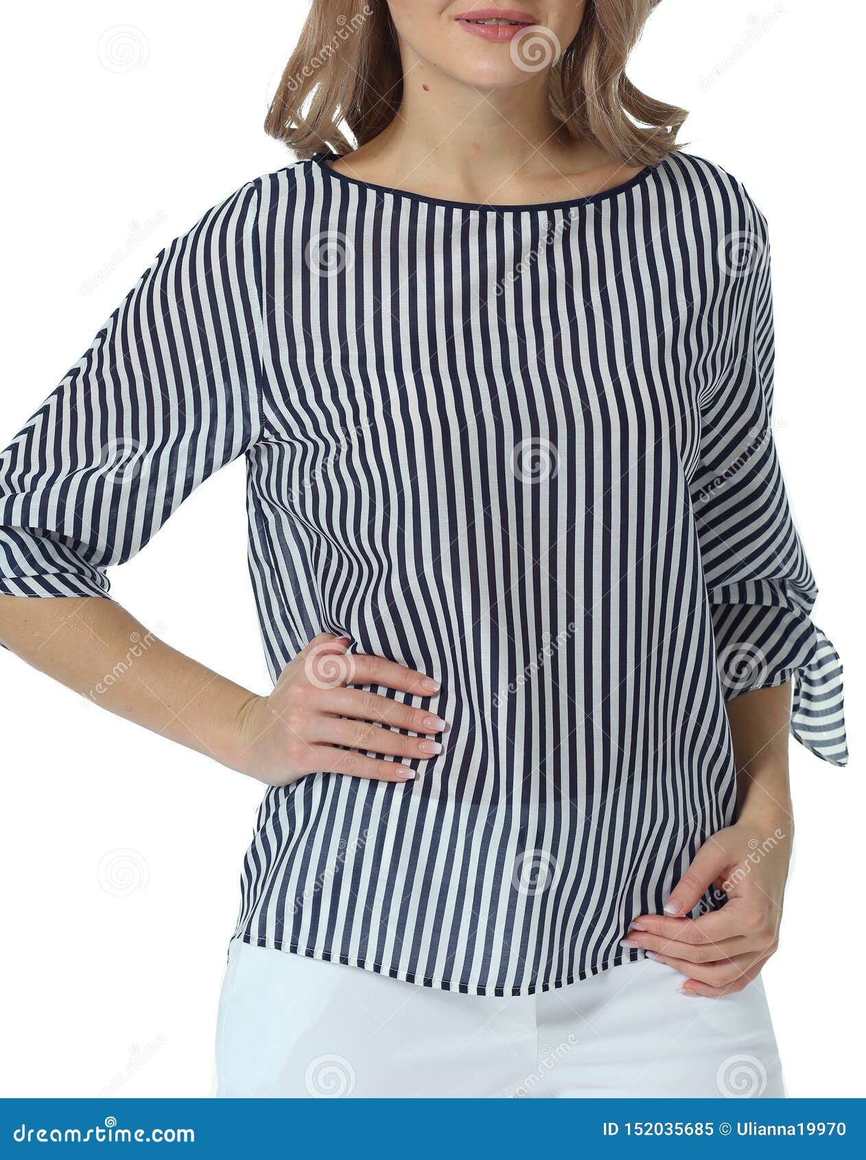 Striped Casual Formal Blouse On Model Close Up Photo Stock Image