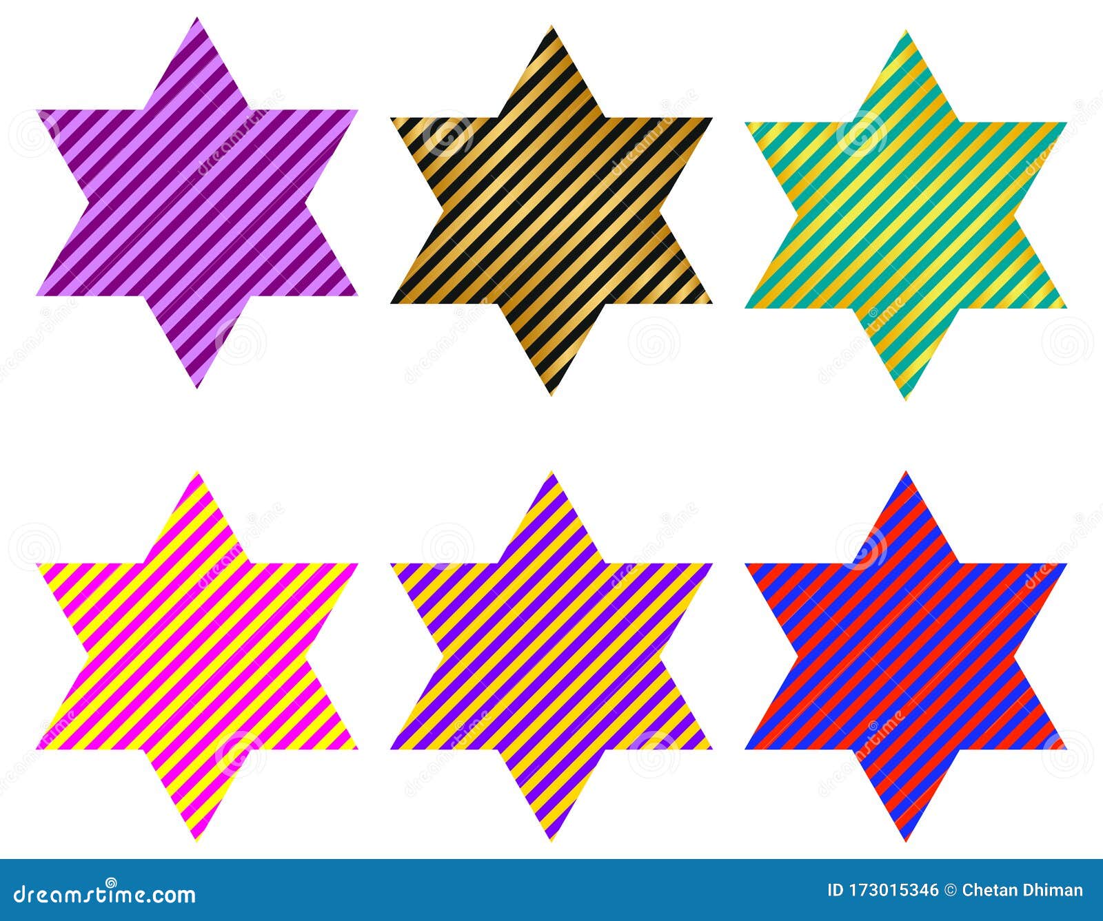 striped stars with six points or hexagram in different colors