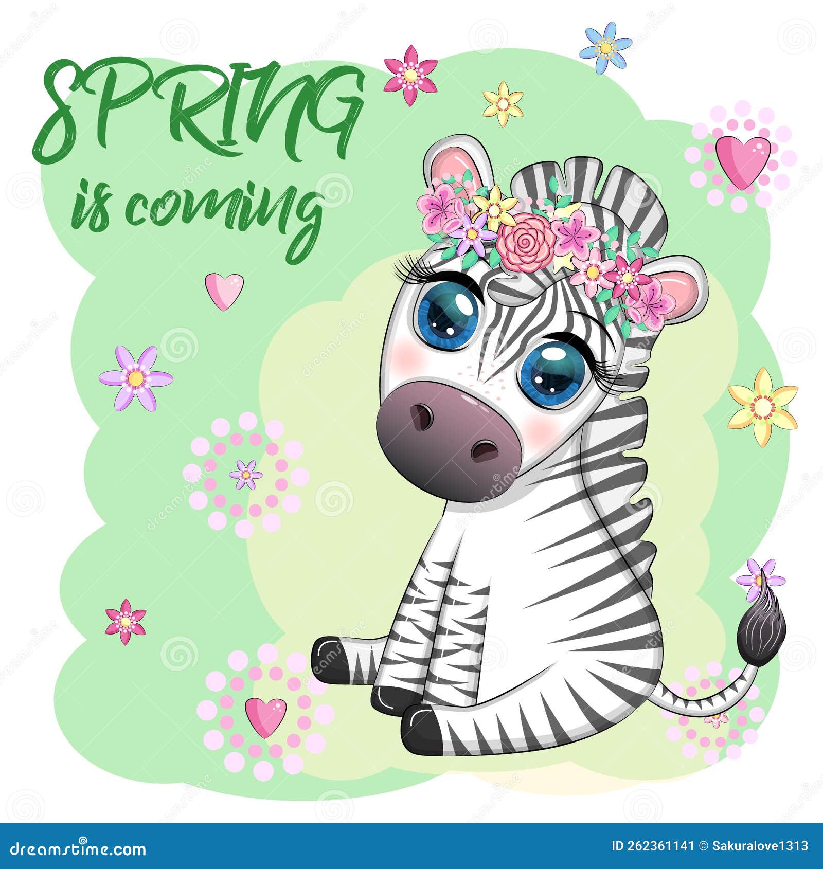 Striped Zebra in a Wreath of Flowers, with a Bouquet. Spring is Coming