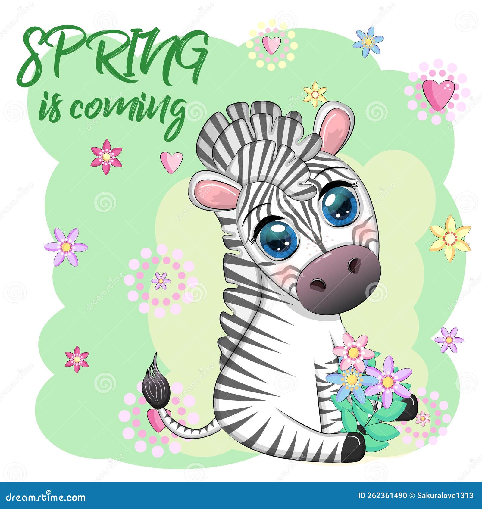 Striped Zebra in a Wreath of Flowers, with a Bouquet. Spring is Coming