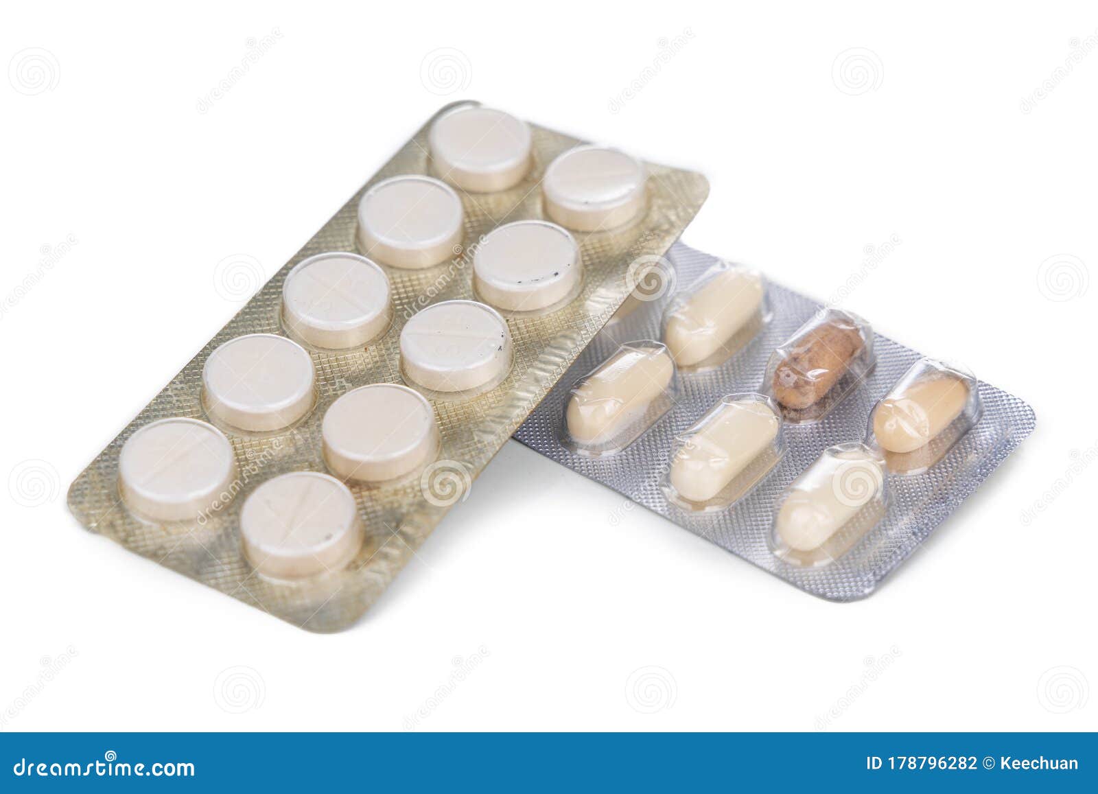 Strips of Expired Tablet, Caplet and Capsule Medicine Stock Photo