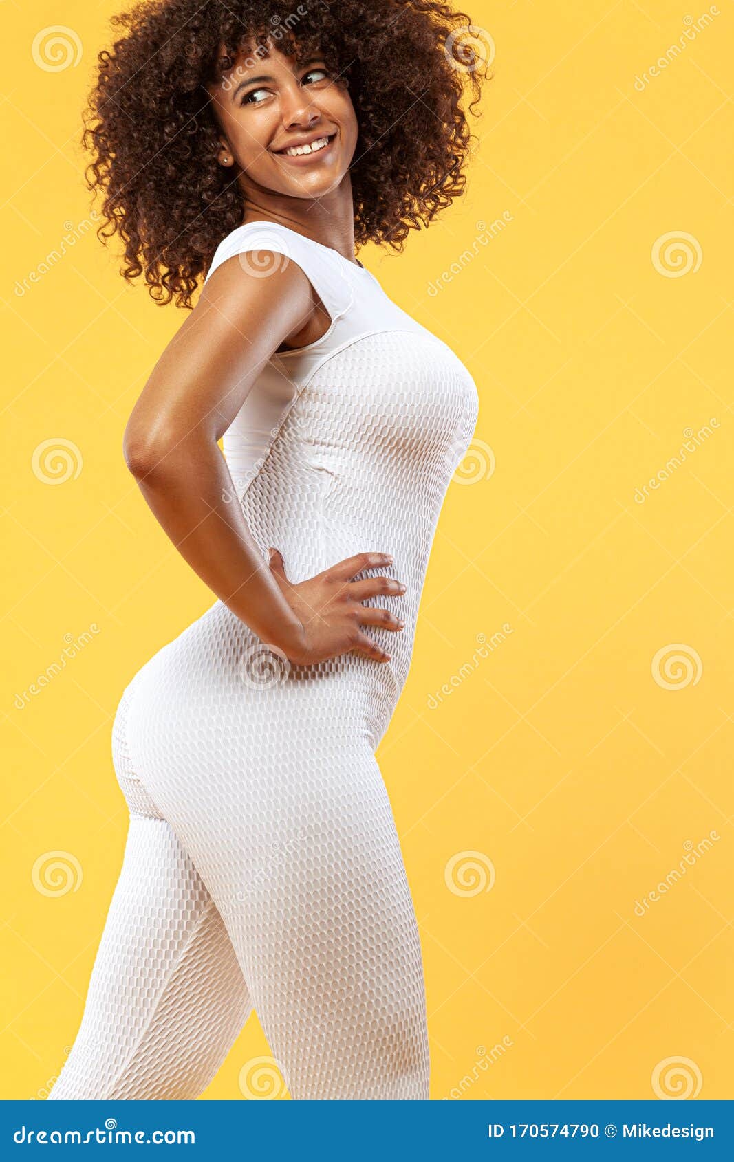 Back of Strong Athletic Woman with Black Skin and Curly Hair