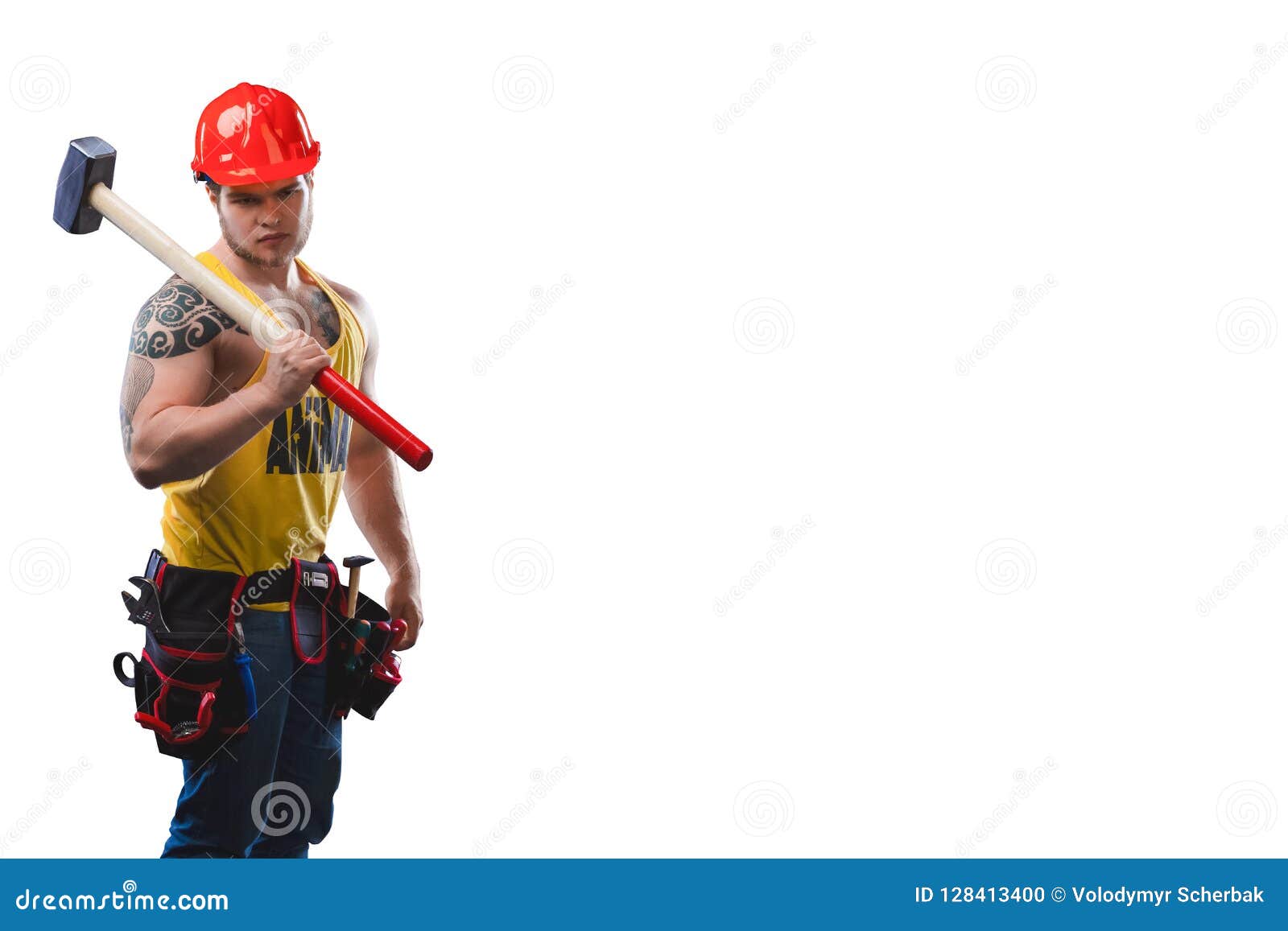 Strong Build Construction Worker with Big Hammer Isolated in White