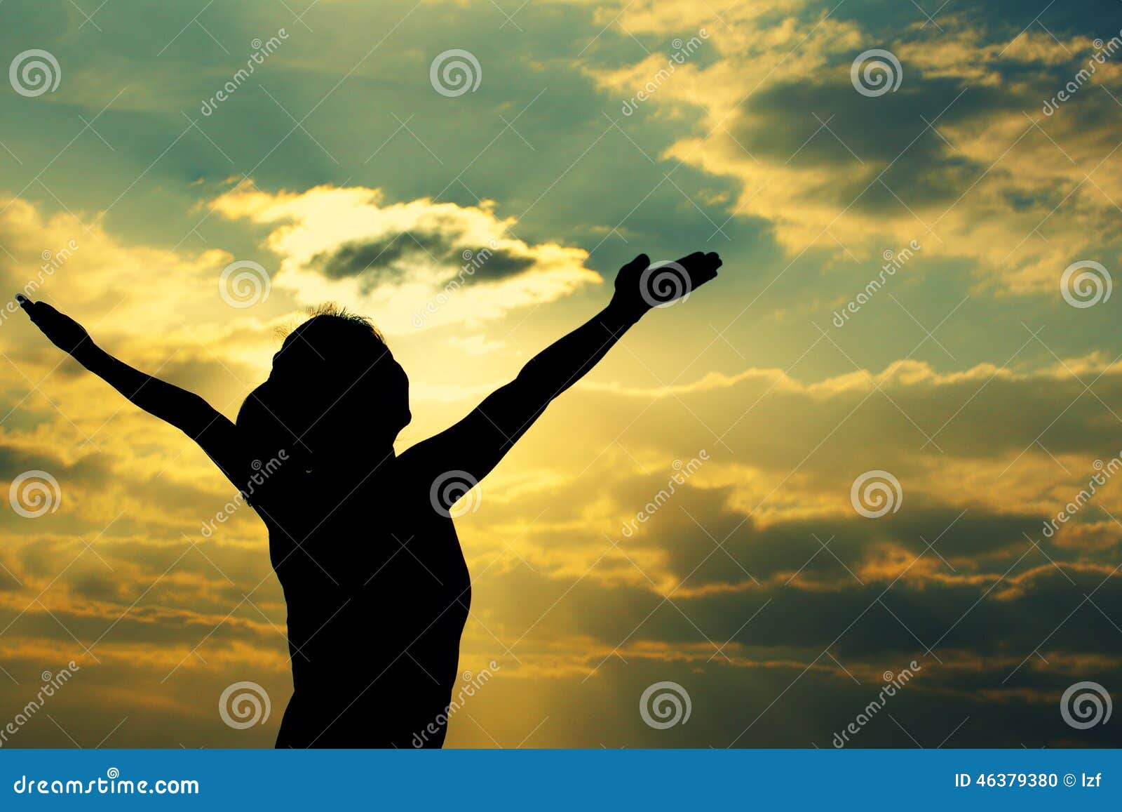 strong confident woman open arms sunrise seaside