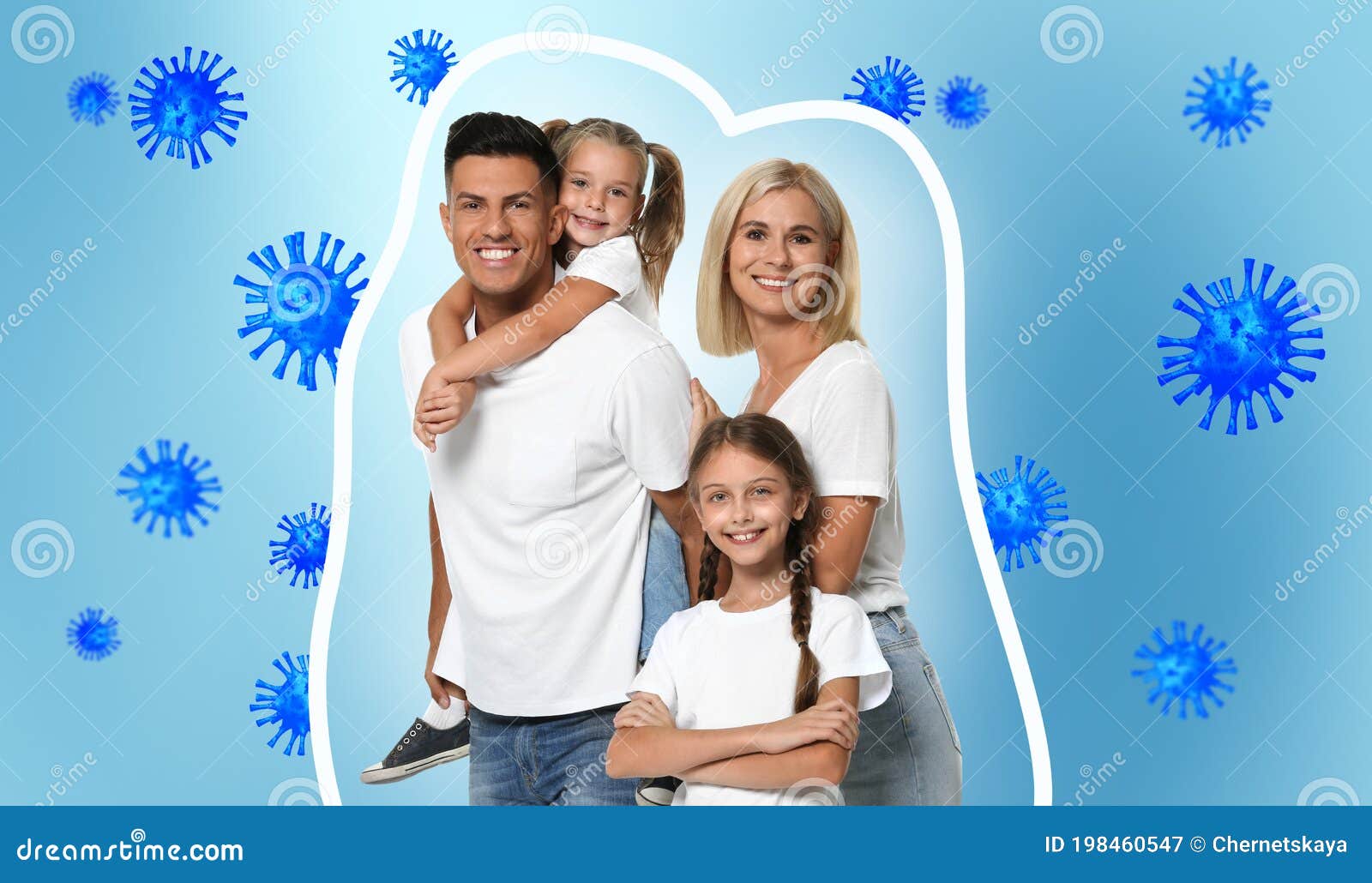 strong immunity - healthy family. happy parents with children protected from viruses and bacteria, 