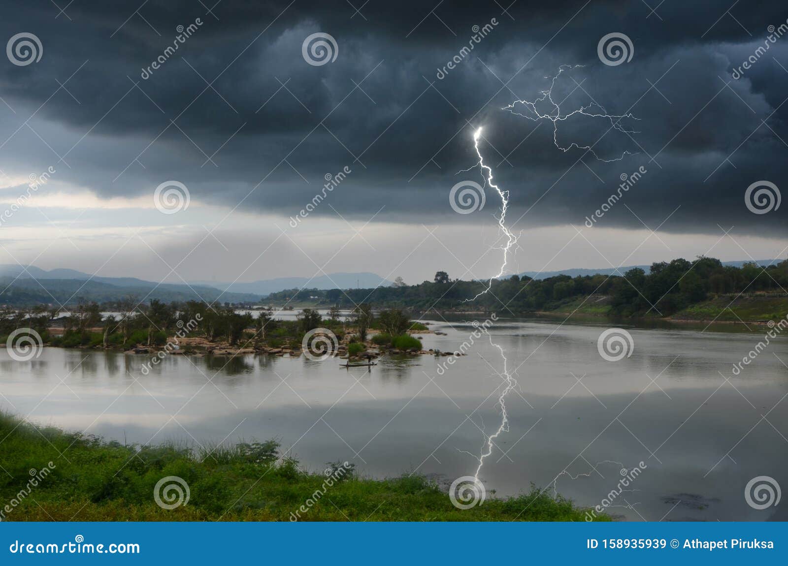 Strong Lightning and Black Clouds Over the River Stock Image - Image of  outdoor, climate: 158935939