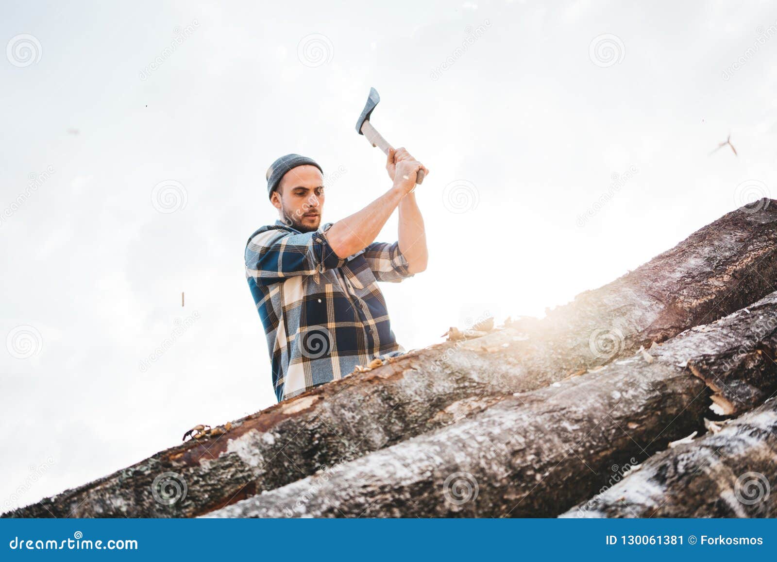 Strong Lumberjack Holds Ax with Both Hands and Cuts Large Tree Stock Image Image of lumberman