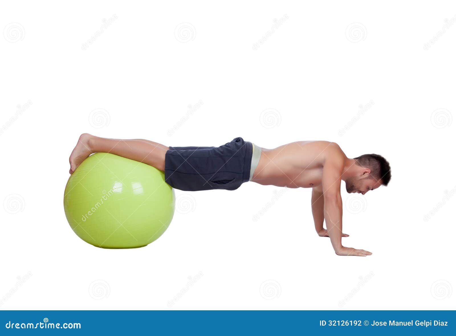 Strong Man Practicing Pushups with a Big Ball Stock Photo Image of