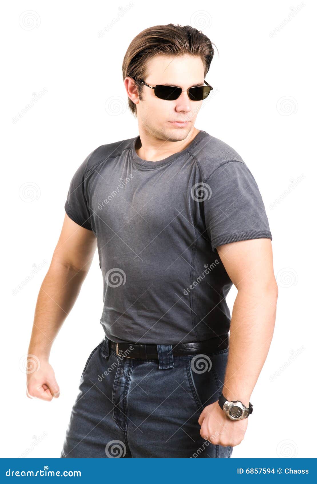 Strong man in sunglasses stock photo. Image of jeans, posing - 6857594